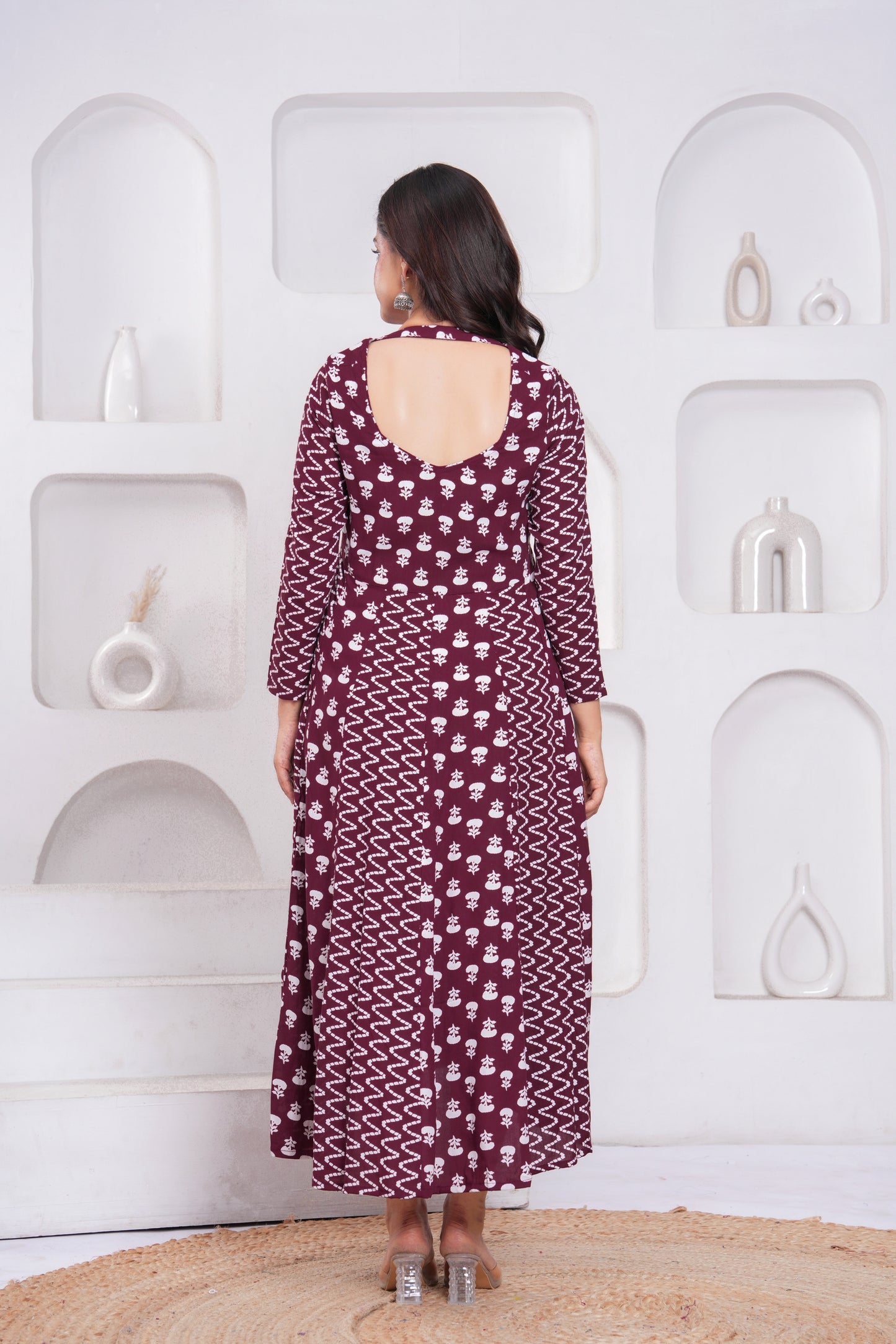 Wine Berry Printed Rayon Anarkali Gown with Dupatta