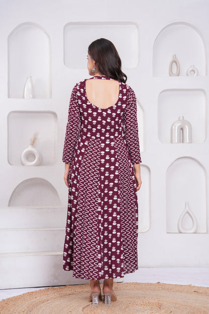 Wine Berry Printed Rayon Anarkali Gown with Dupatta