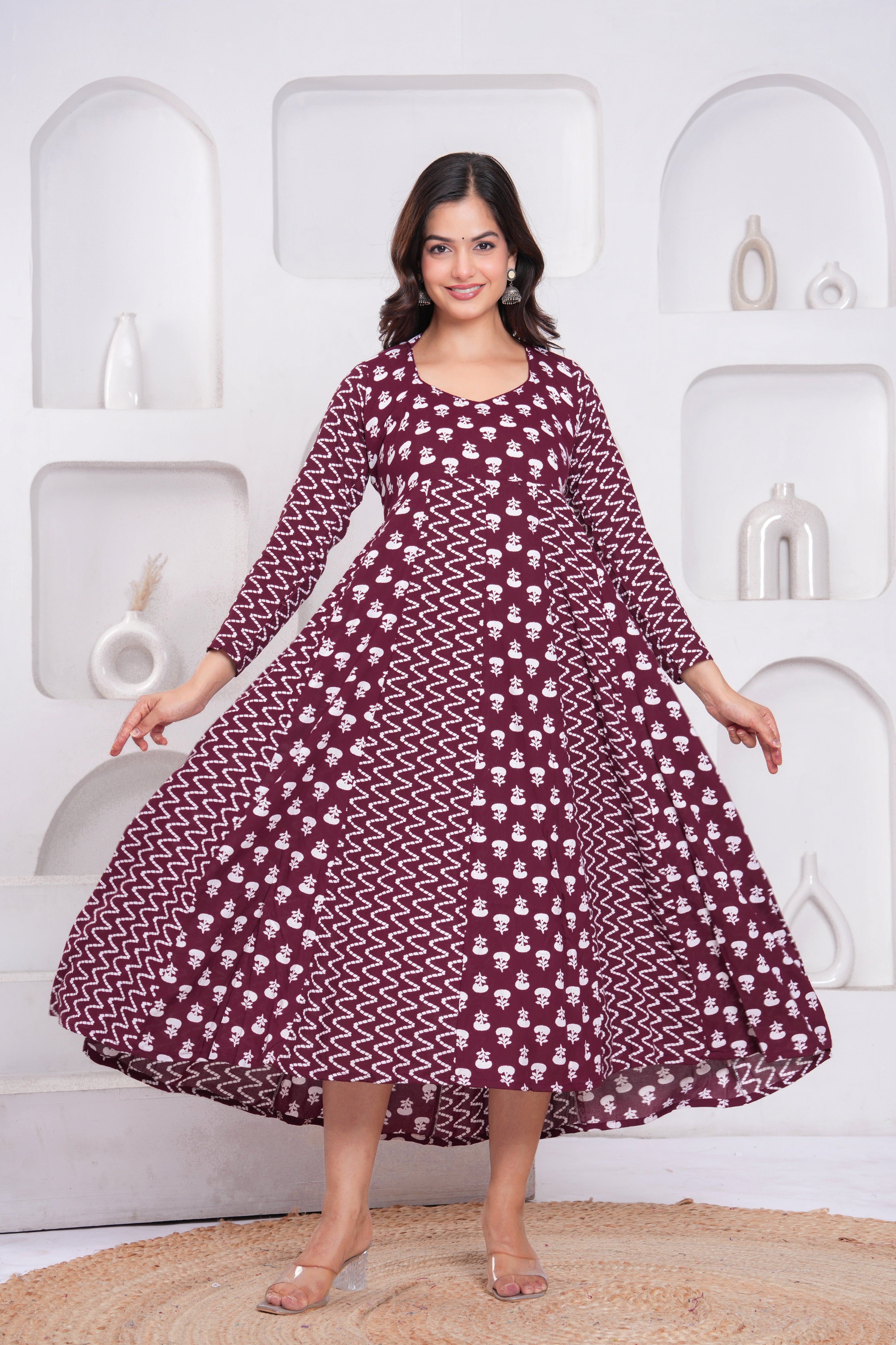 Wine Berry Printed Rayon Anarkali Gown with Dupatta