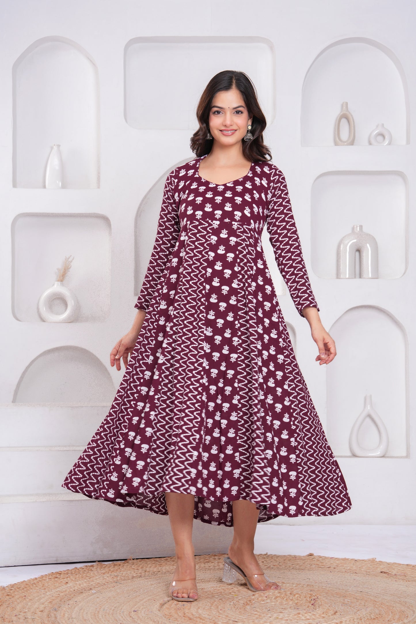Wine Berry Printed Rayon Anarkali Gown with Dupatta