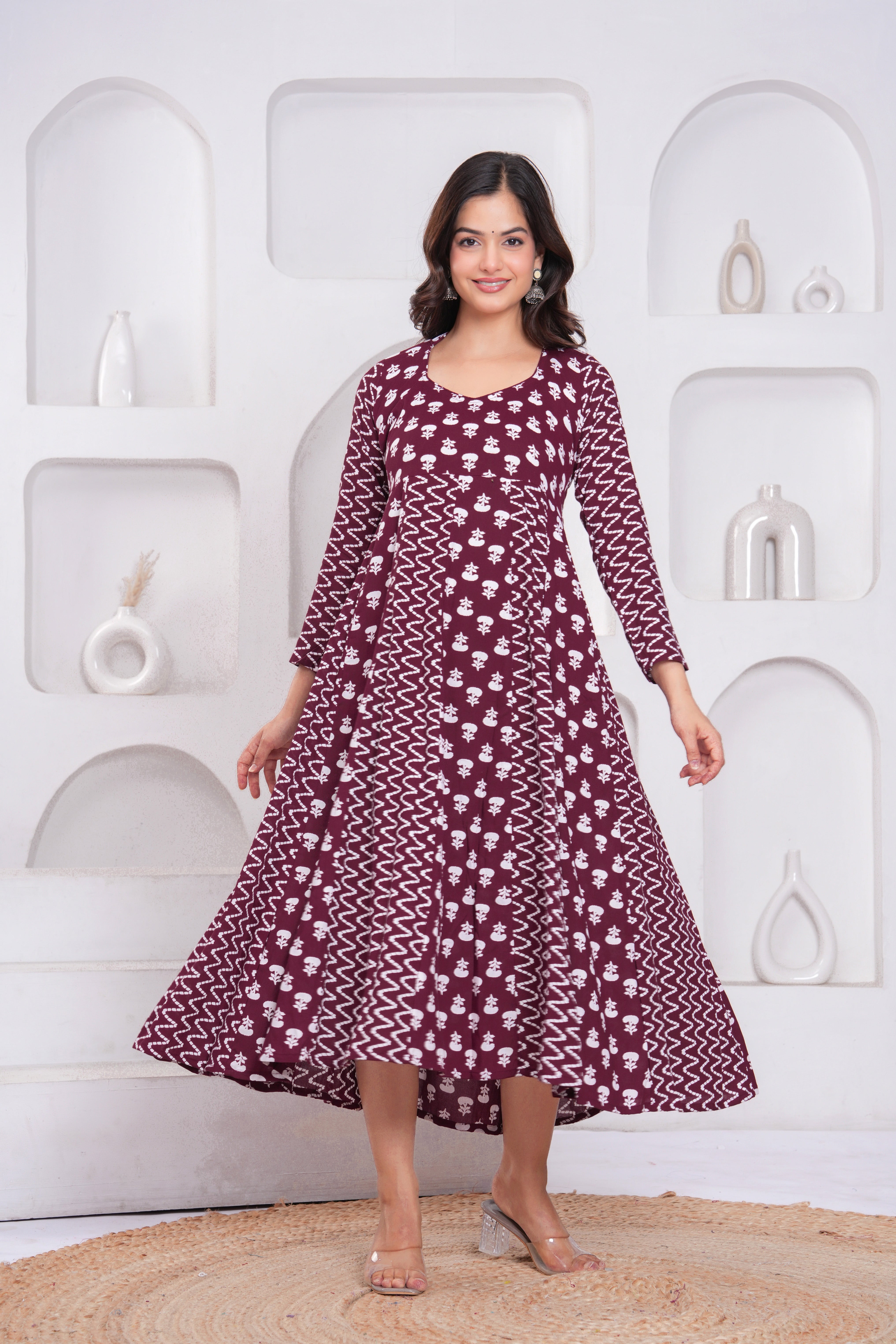 Wine Berry Printed Rayon Anarkali Gown with Dupatta