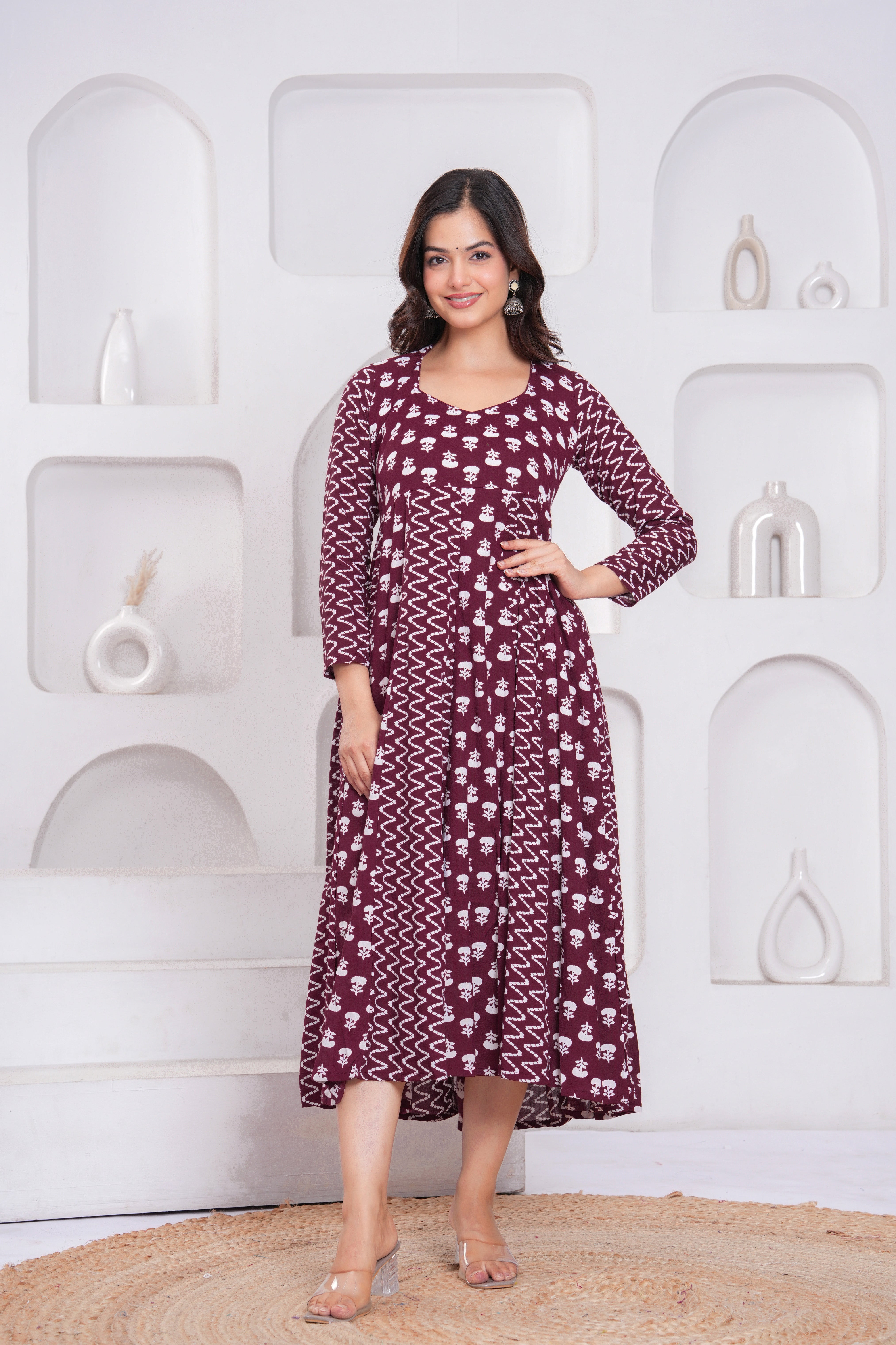 Wine Berry Printed Rayon Anarkali Gown with Dupatta