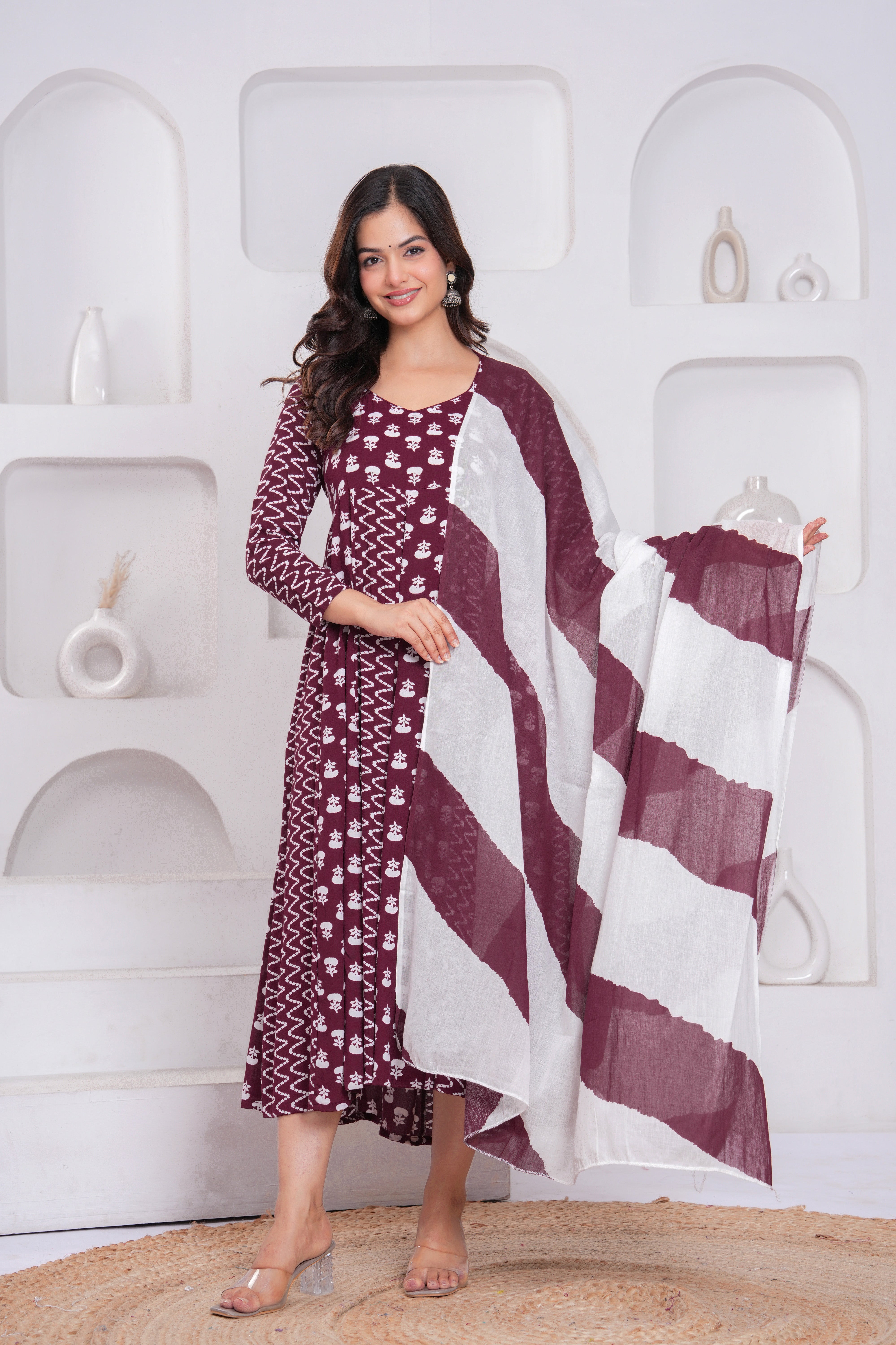 Wine Berry Printed Rayon Anarkali Gown with Dupatta