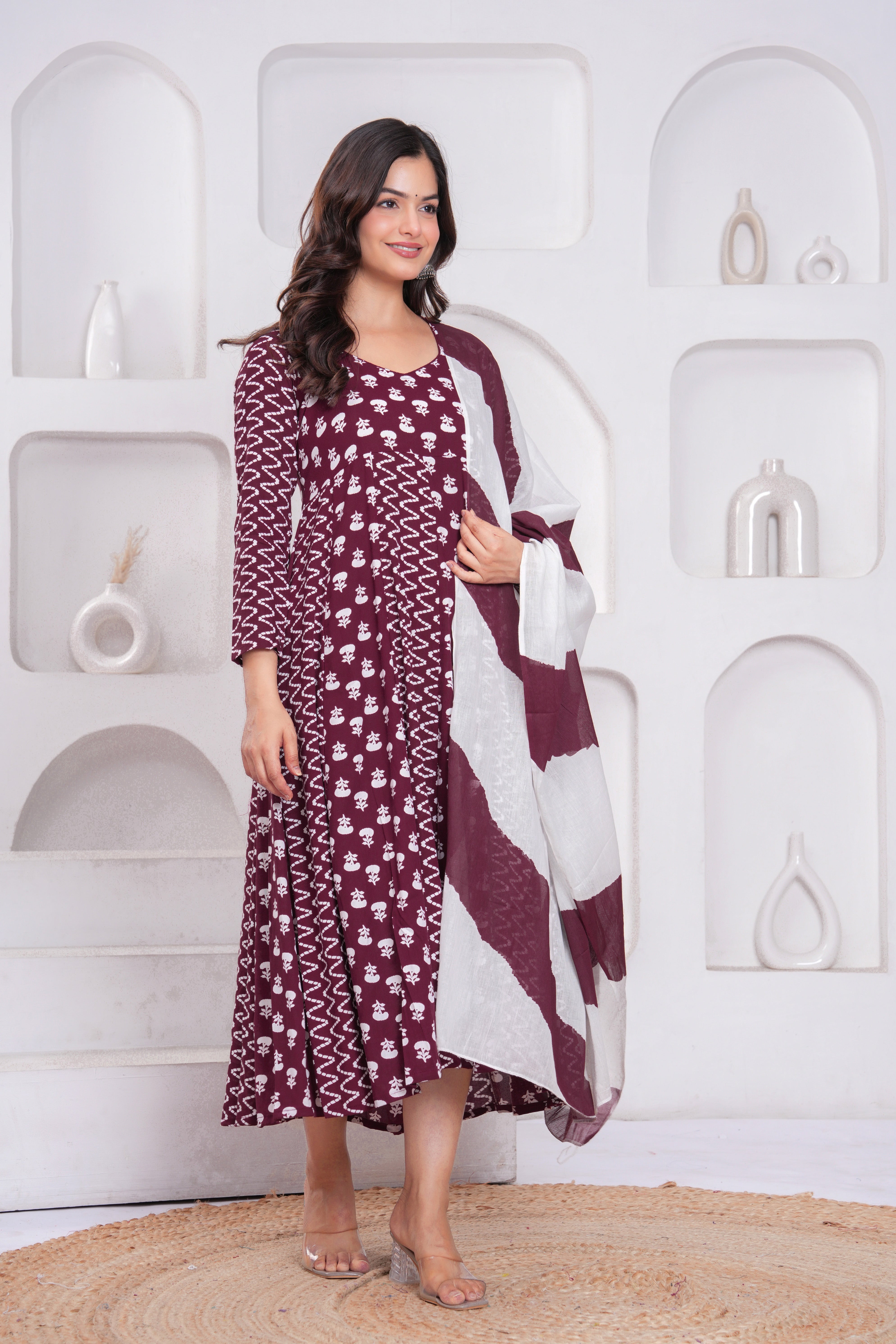 Wine Berry Printed Rayon Anarkali Gown with Dupatta