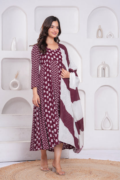 Wine Berry Printed Rayon Anarkali Gown with Dupatta