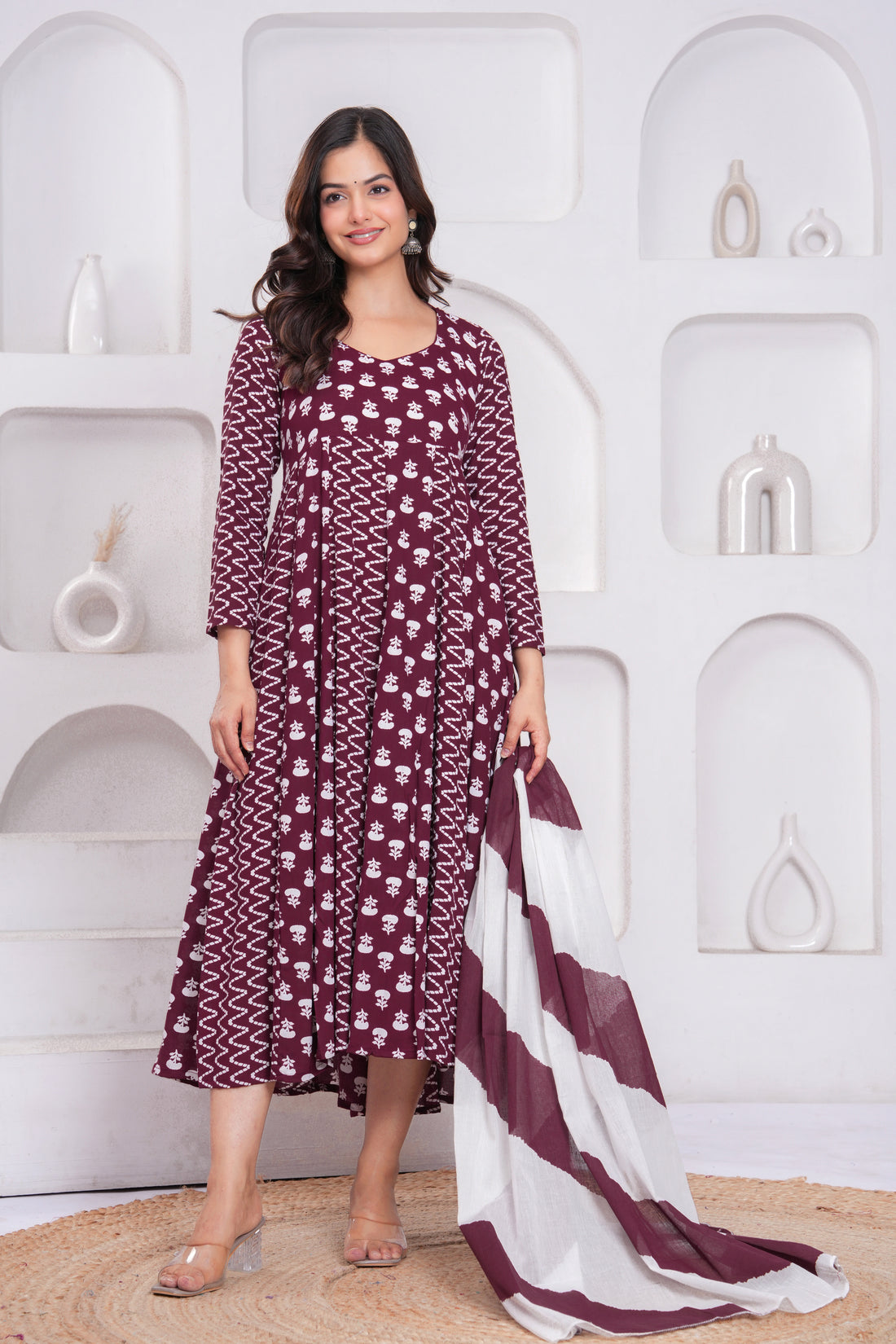Wine Berry Printed Rayon Anarkali Gown with Dupatta