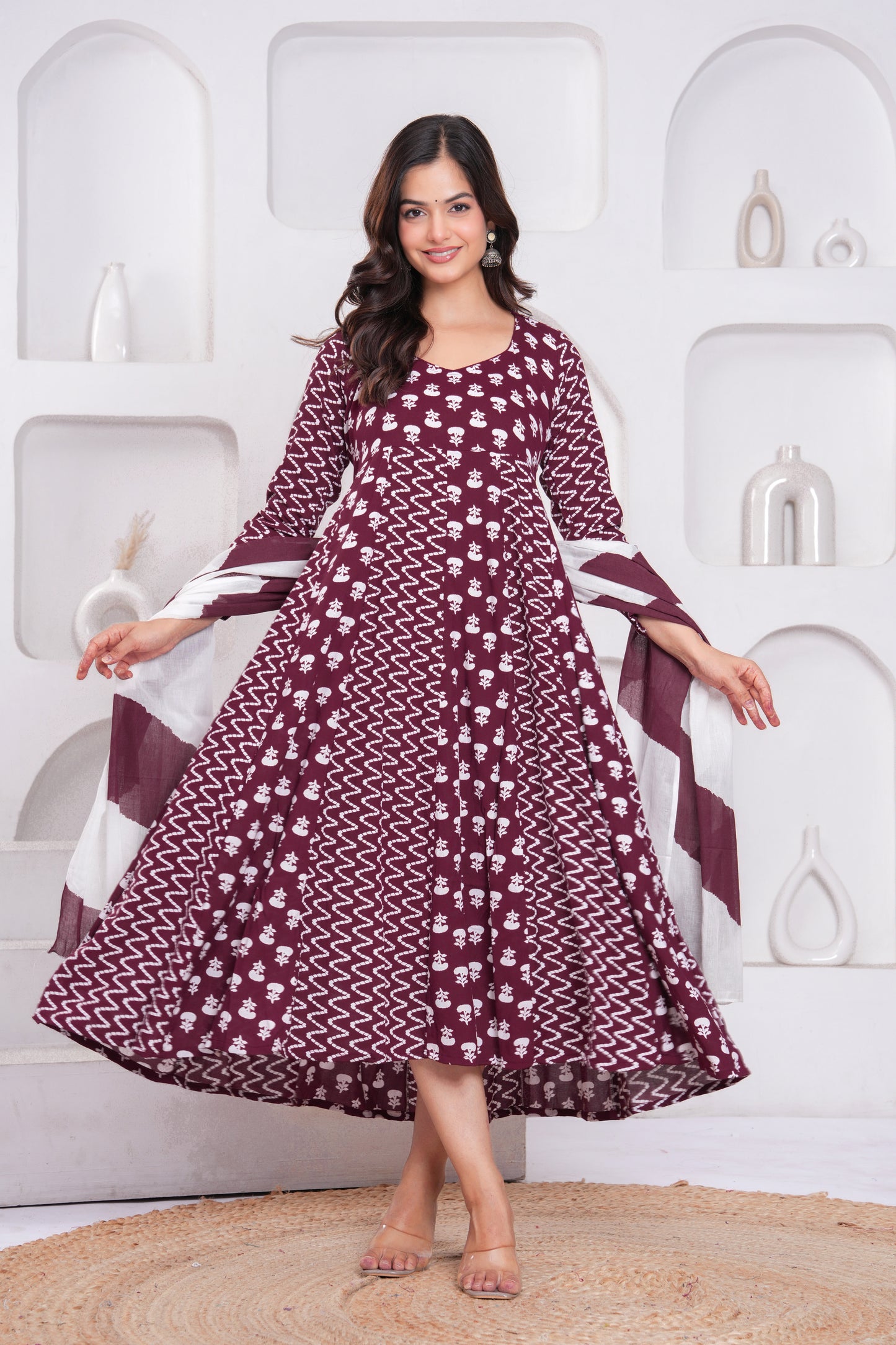 Wine Berry Printed Rayon Anarkali Gown with Dupatta