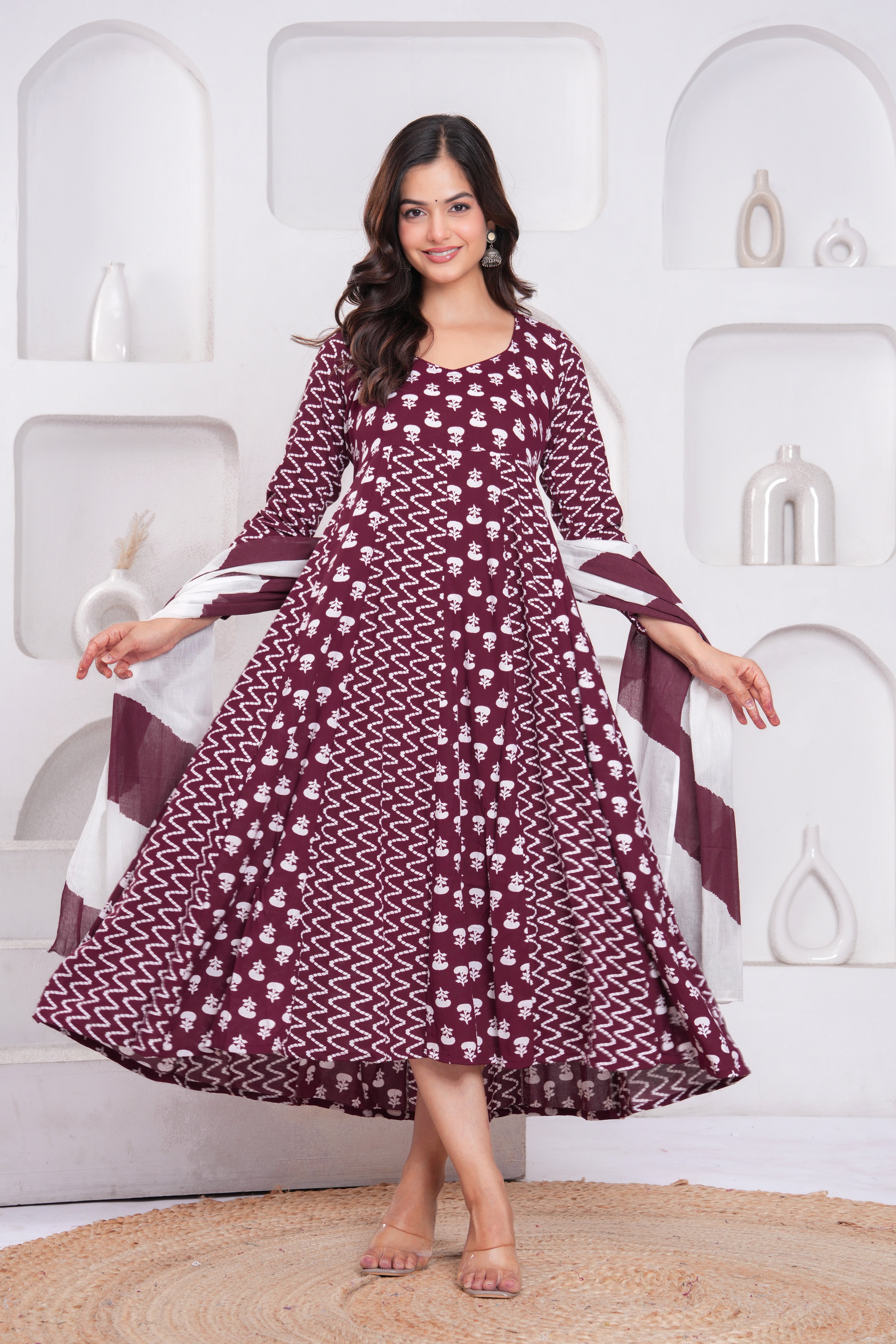 Wine Berry Printed Rayon Anarkali Gown with Dupatta