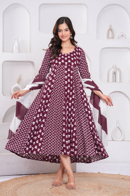 Wine Berry Printed Rayon Anarkali Gown with Dupatta