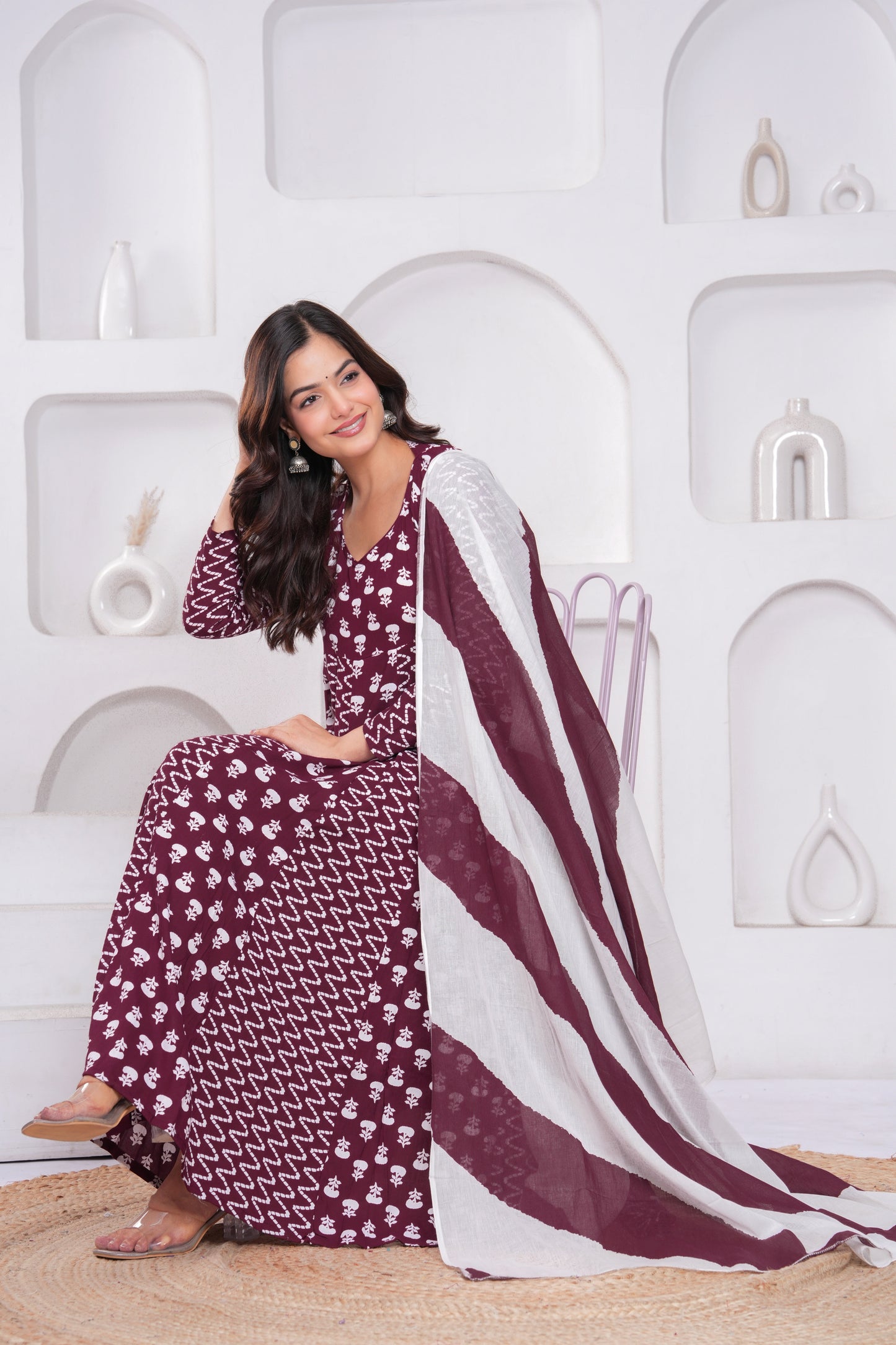 Wine Berry Printed Rayon Anarkali Gown with Dupatta