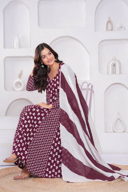 Wine Berry Printed Rayon Anarkali Gown with Dupatta
