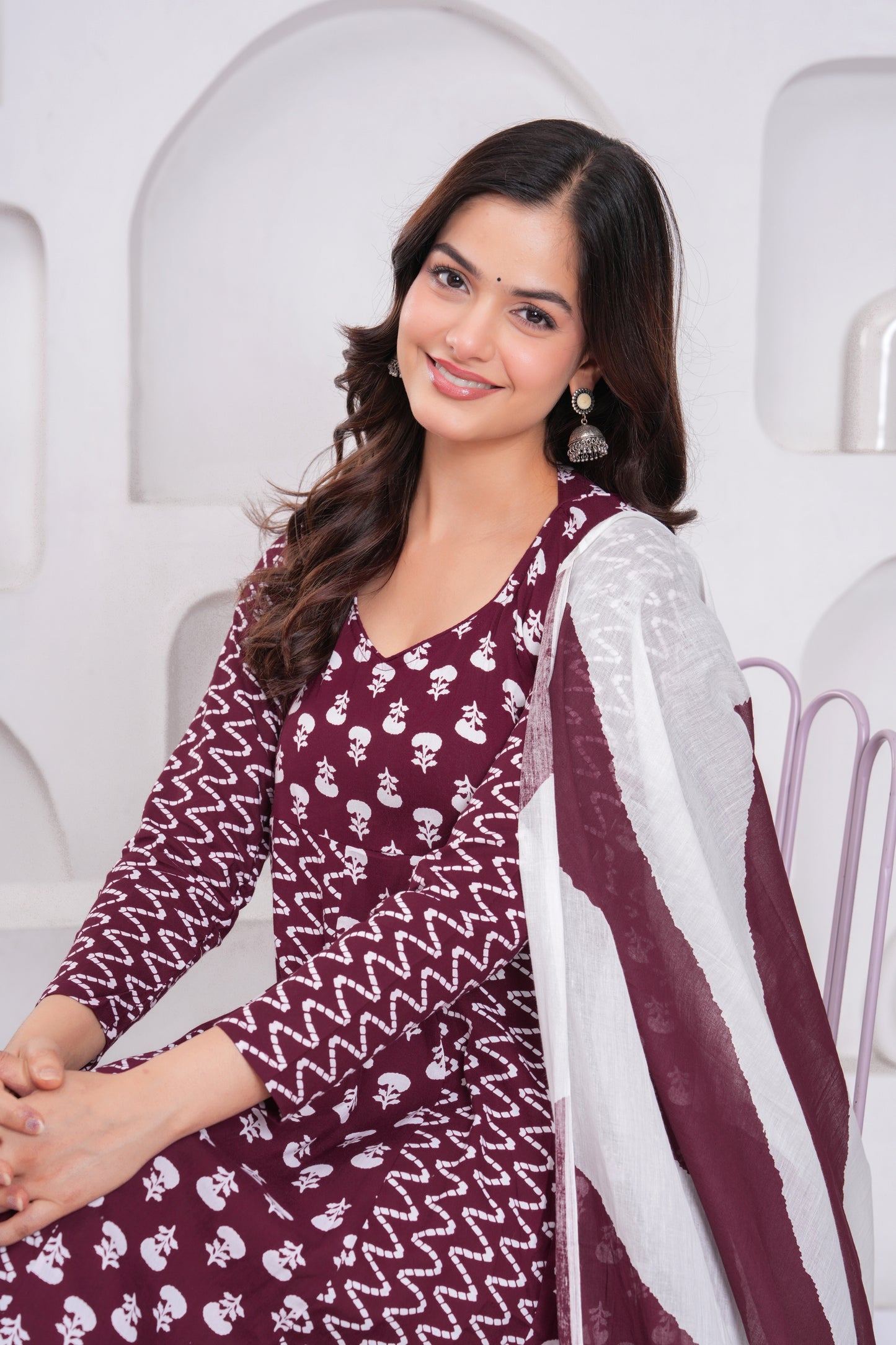 Wine Berry Printed Rayon Anarkali Gown with Dupatta