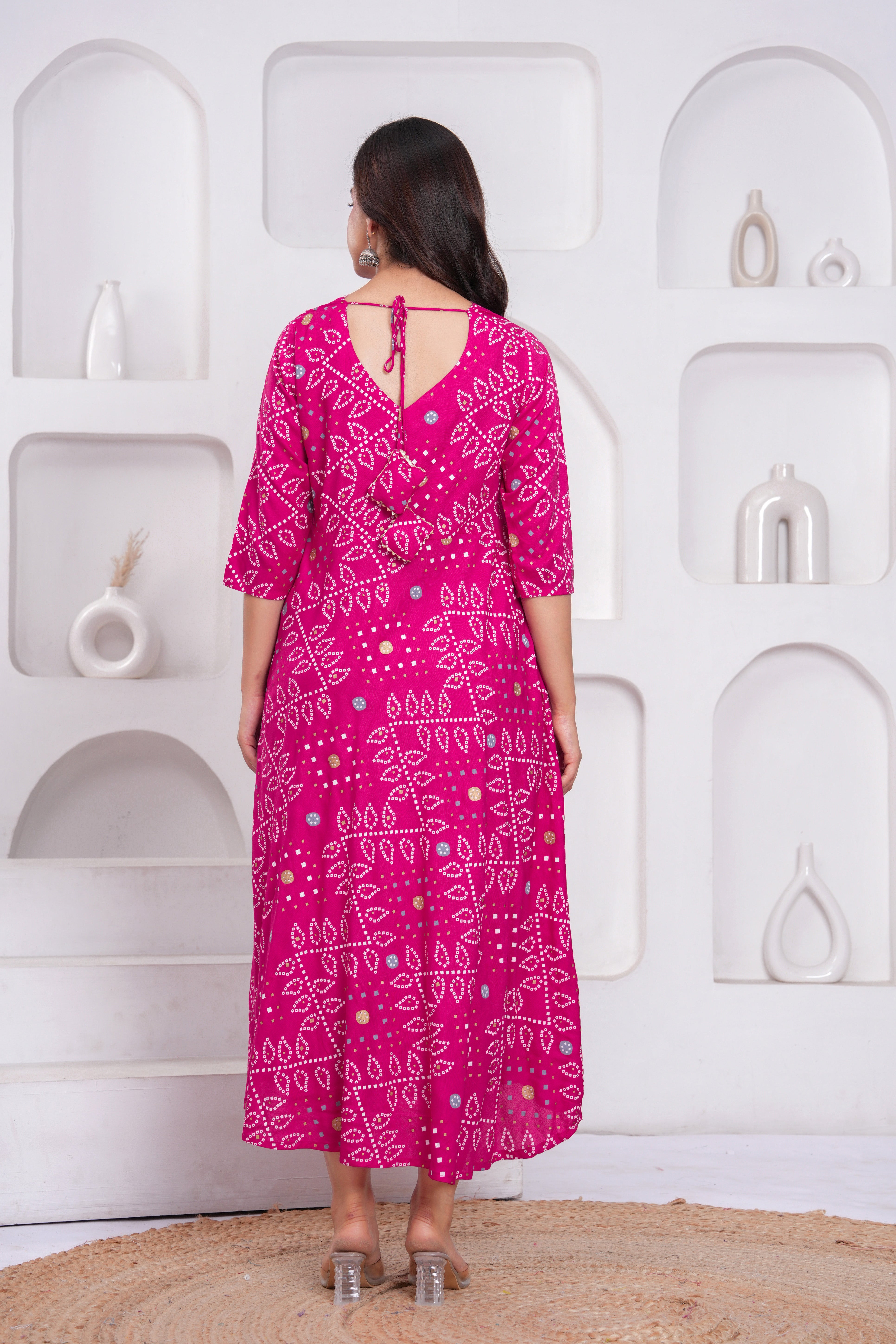 Pink Bandhej Printed Rayon Anarkali Gown with Dupatta