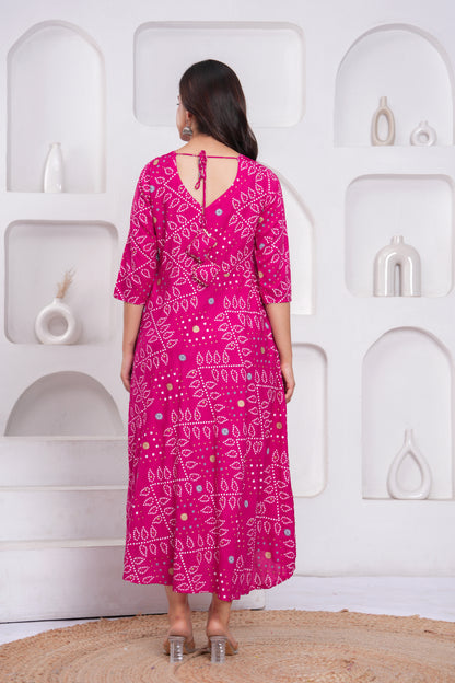 Pink Bandhej Printed Rayon Anarkali Gown with Dupatta