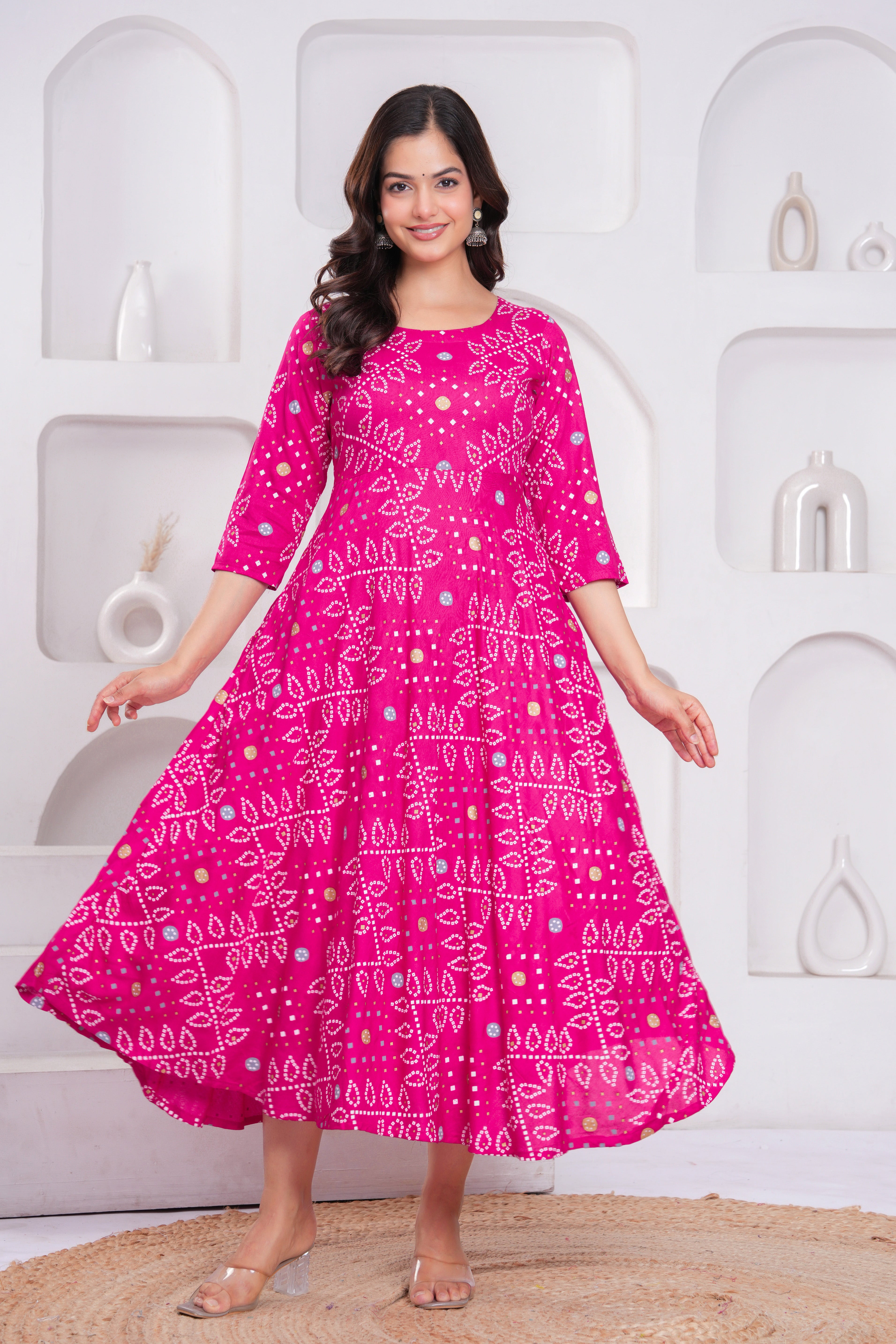 Pink Bandhej Printed Rayon Anarkali Gown with Dupatta