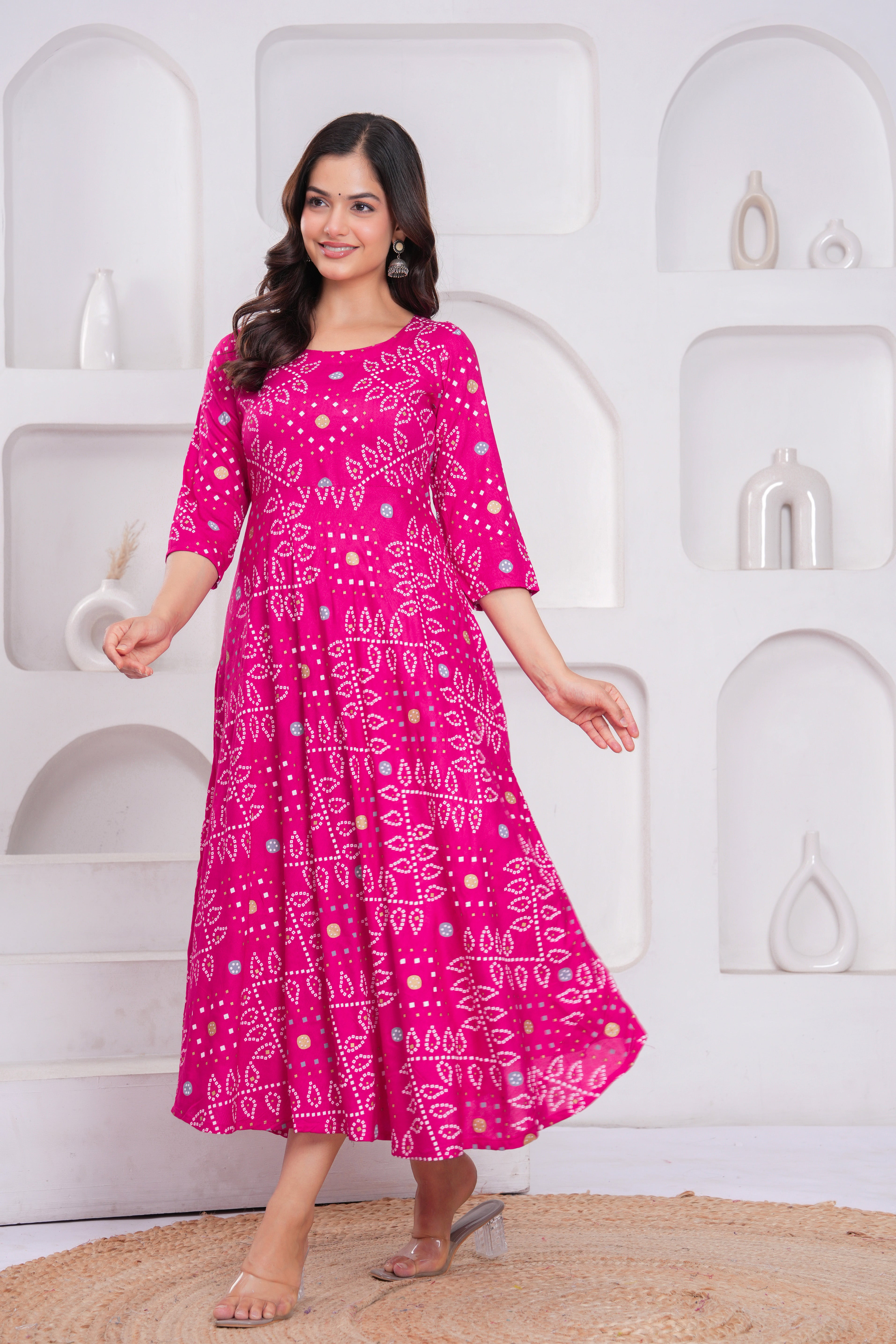 Pink Bandhej Printed Rayon Anarkali Gown with Dupatta