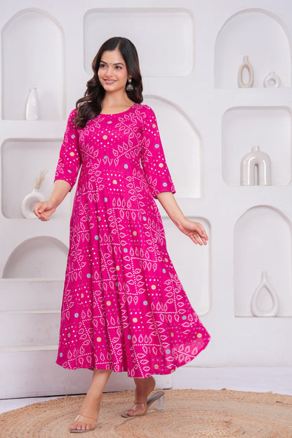 Pink Bandhej Printed Rayon Anarkali Gown with Dupatta