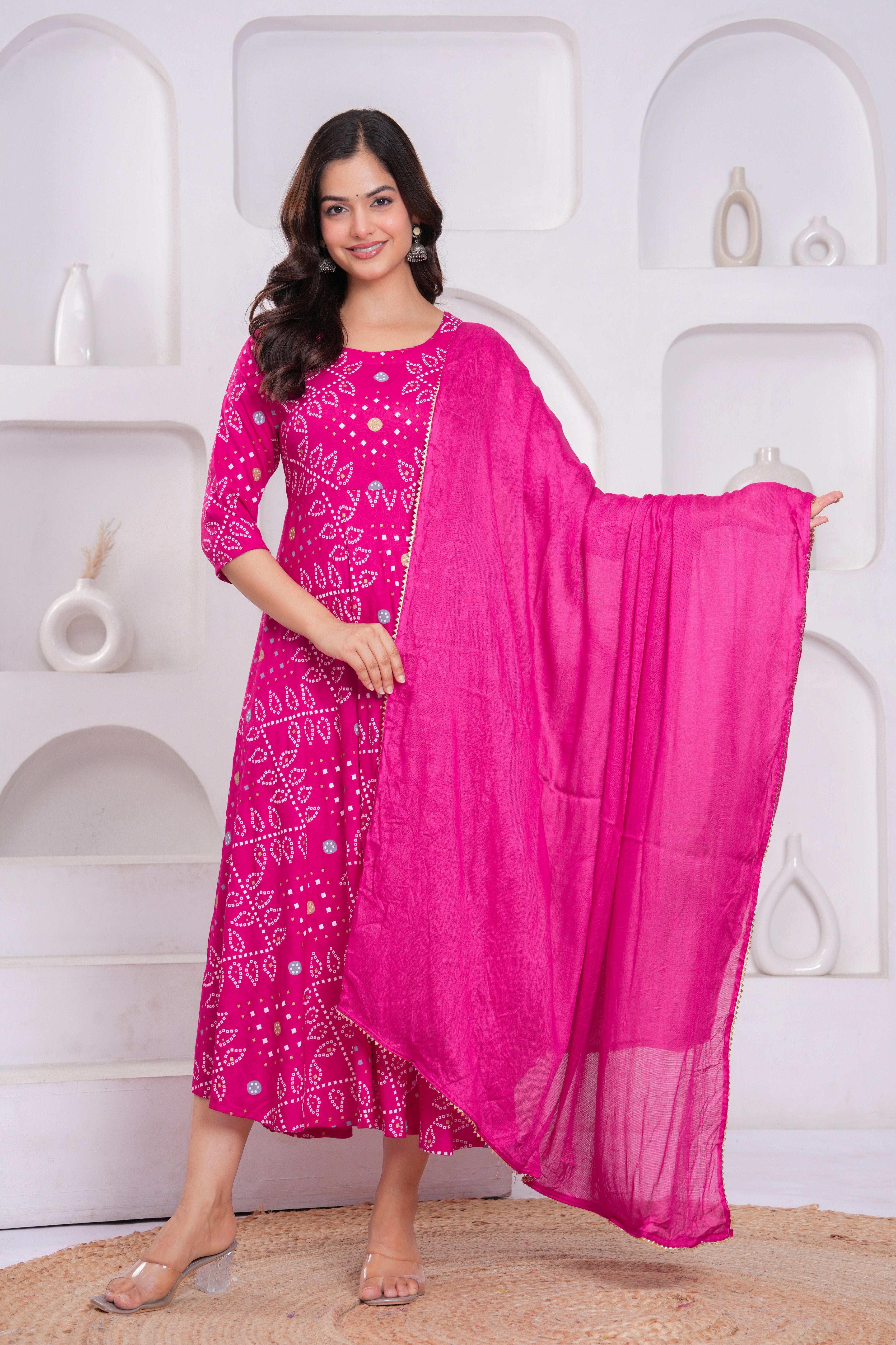 Pink Bandhej Printed Rayon Anarkali Gown with Dupatta