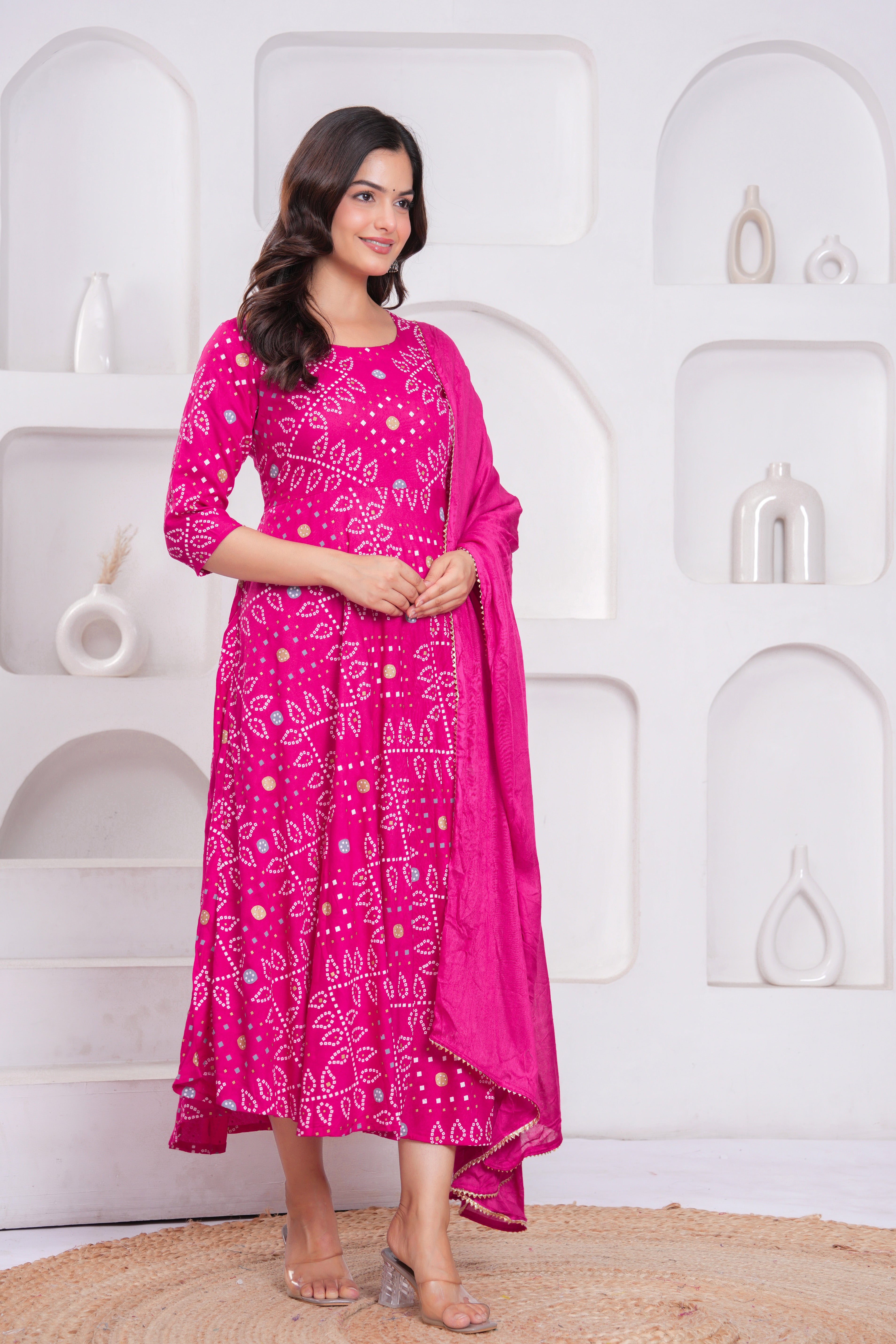 Pink Bandhej Printed Rayon Anarkali Gown with Dupatta
