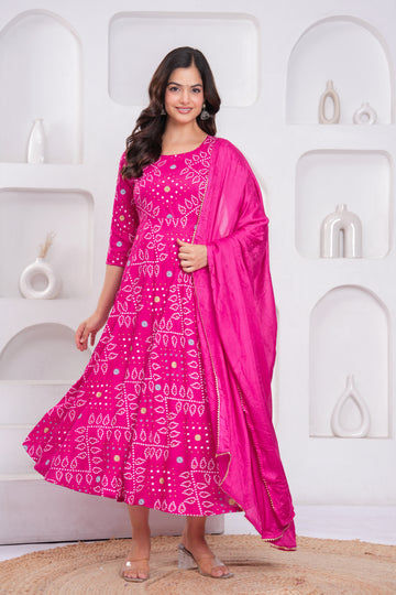 Pink Bandhej Printed Rayon Anarkali Gown with Dupatta