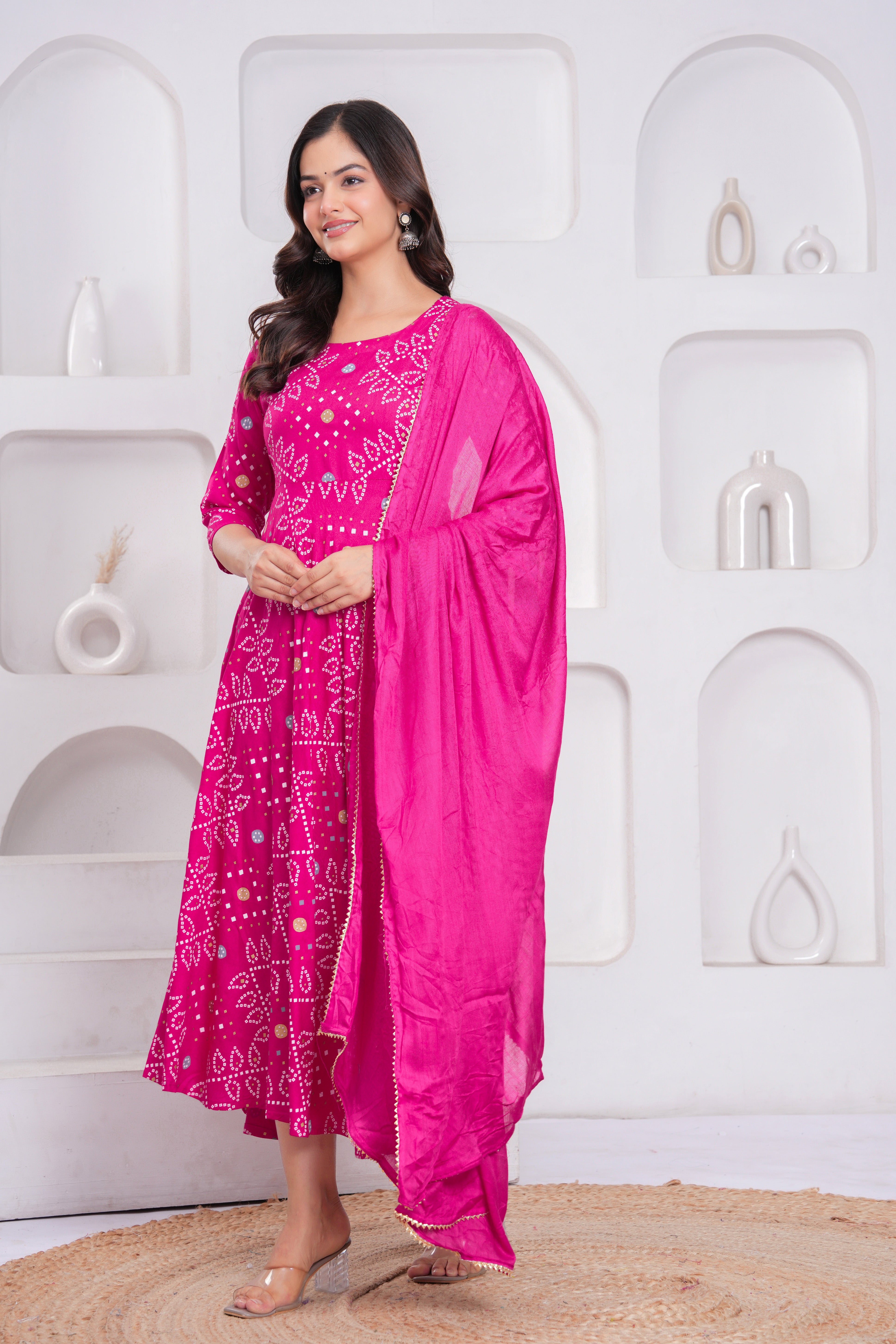 Pink Bandhej Printed Rayon Anarkali Gown with Dupatta