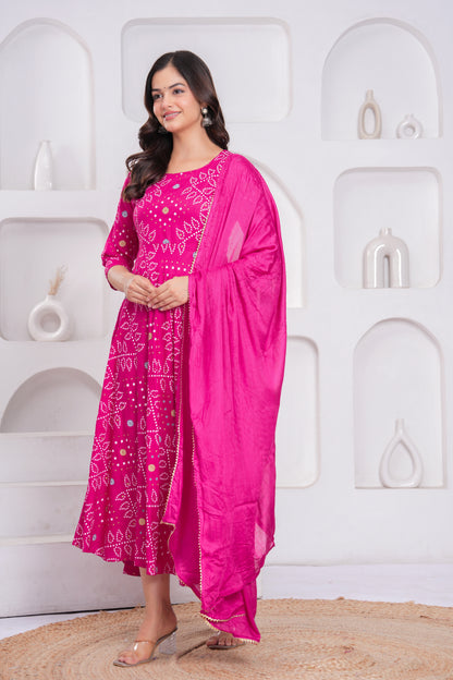 Pink Bandhej Printed Rayon Anarkali Gown with Dupatta
