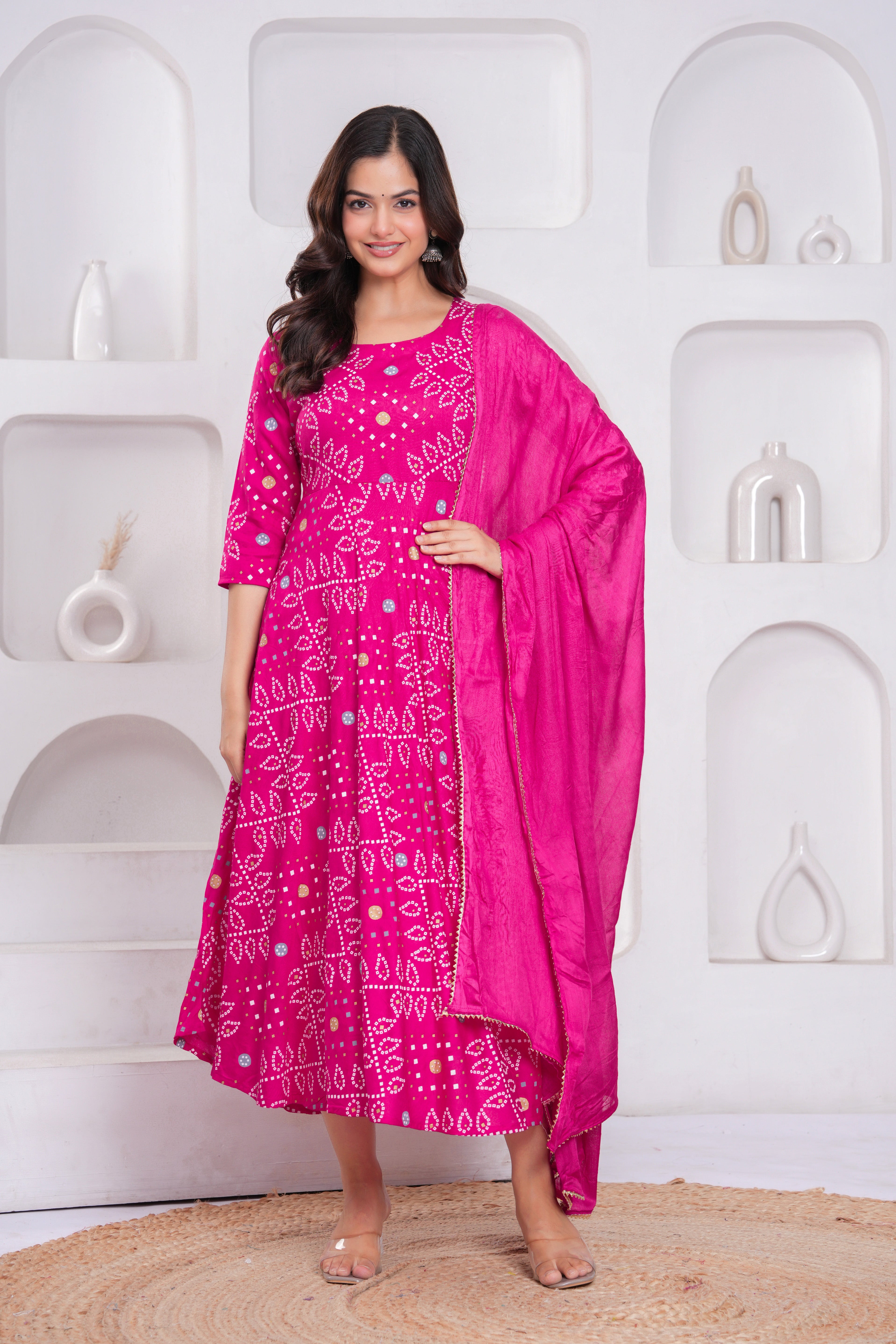 Pink Bandhej Printed Rayon Anarkali Gown with Dupatta