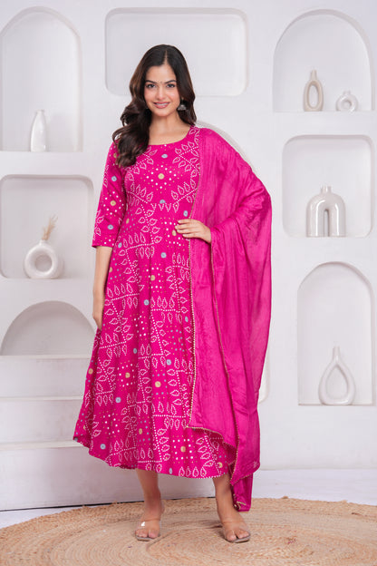 Pink Bandhej Printed Rayon Anarkali Gown with Dupatta