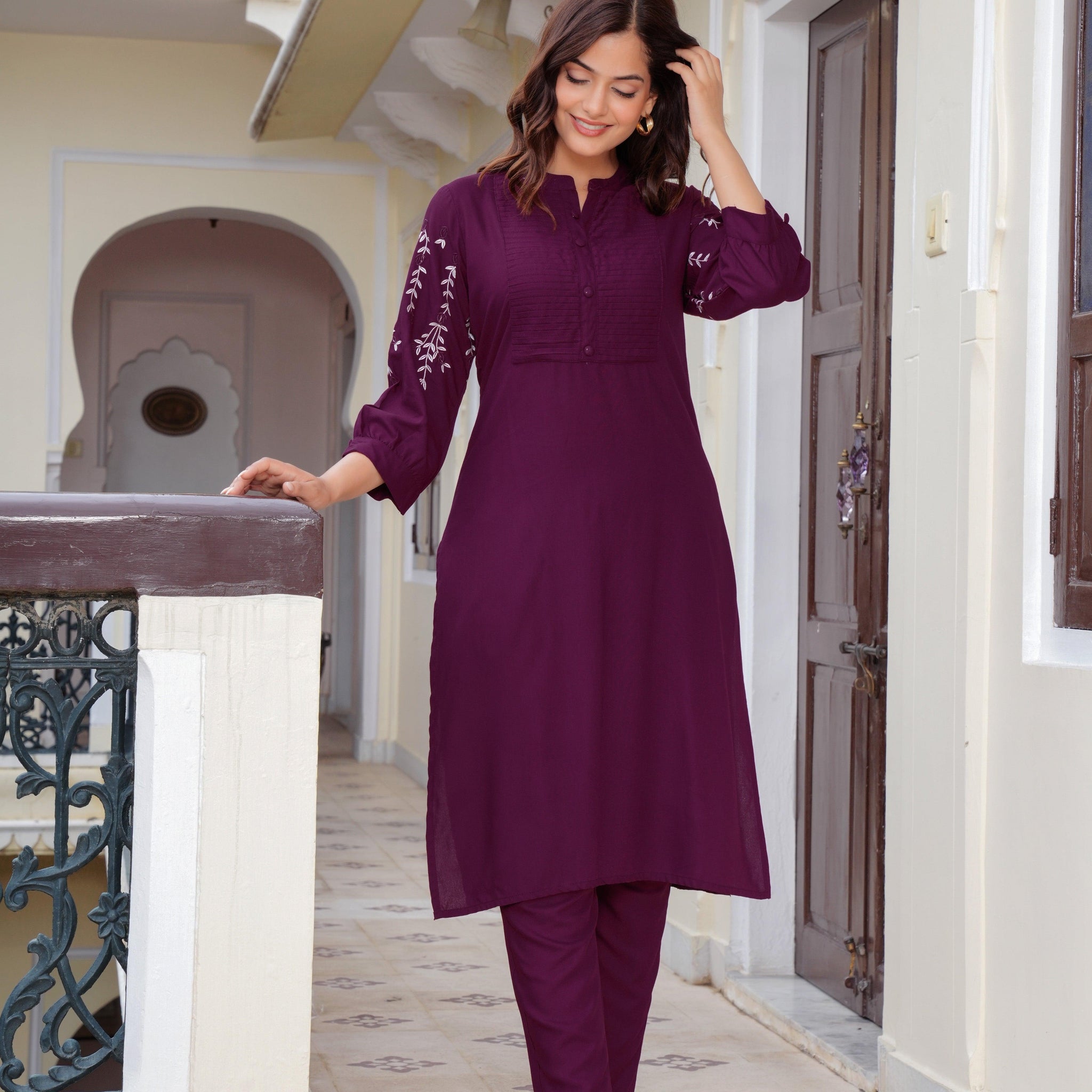 Embroidered Rayon Kurta and Pant Set