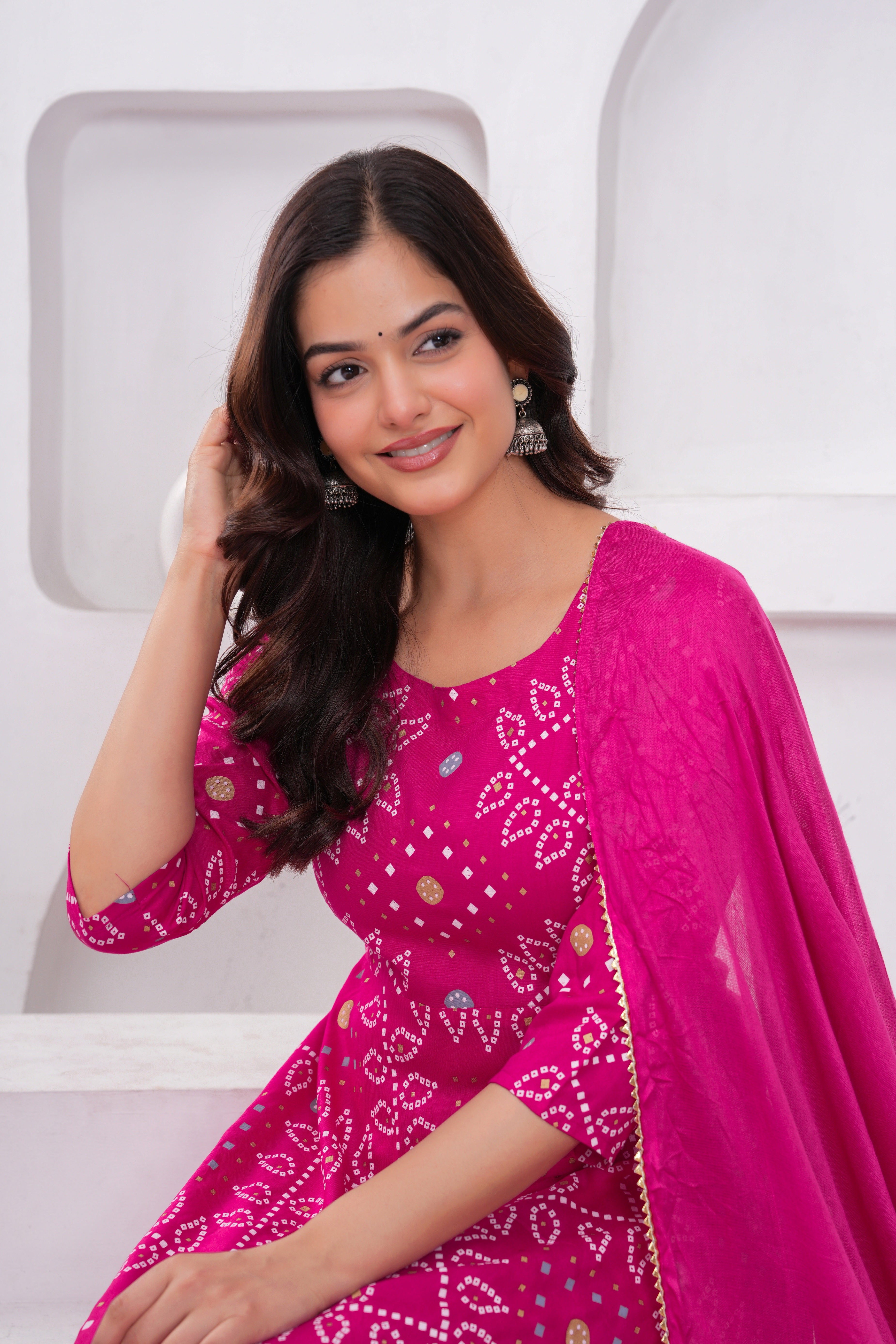 Pink Bandhej Printed Rayon Anarkali Gown with Dupatta