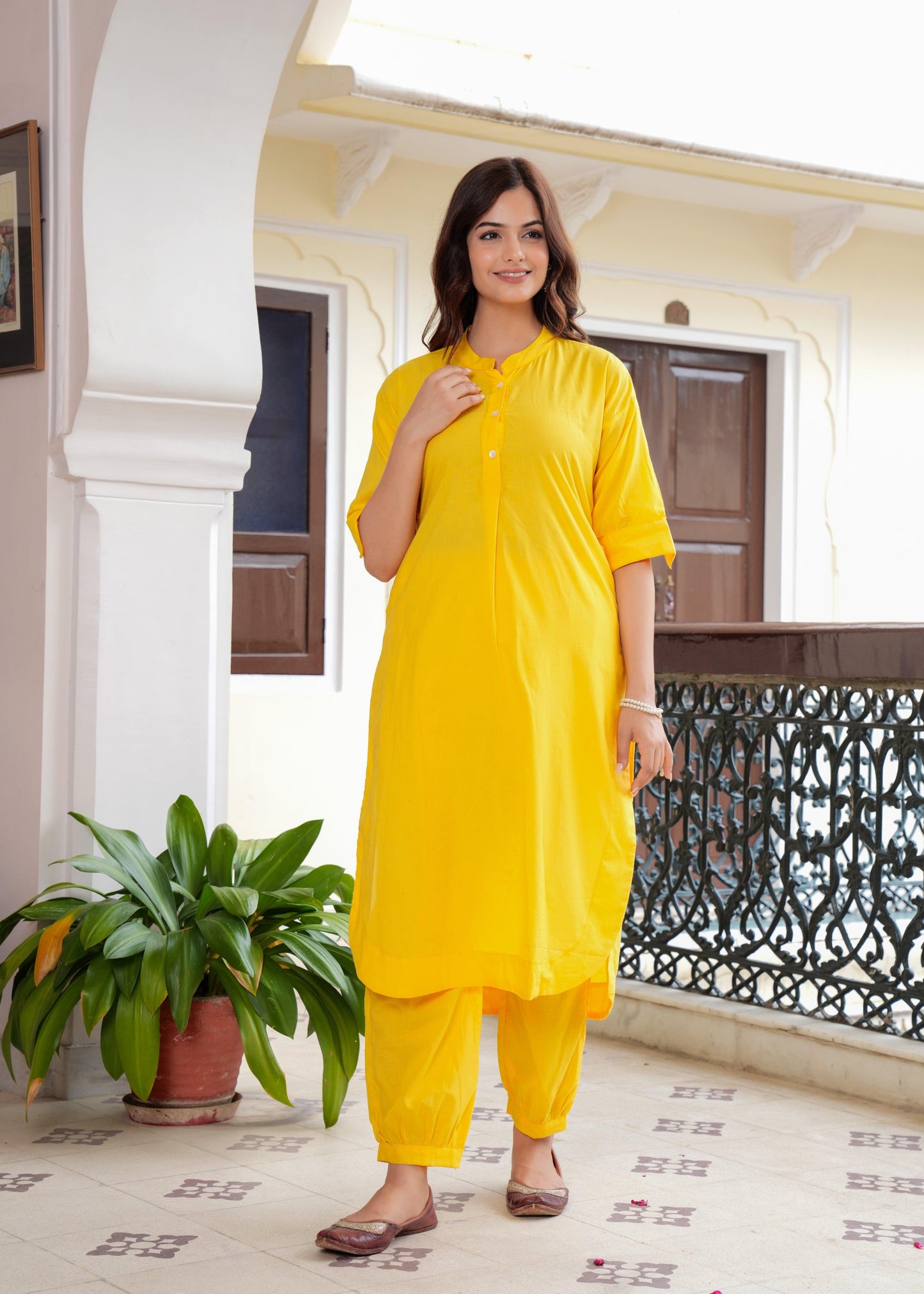 Yellow Cotton Pathani Kurta and Afghani Pant Set