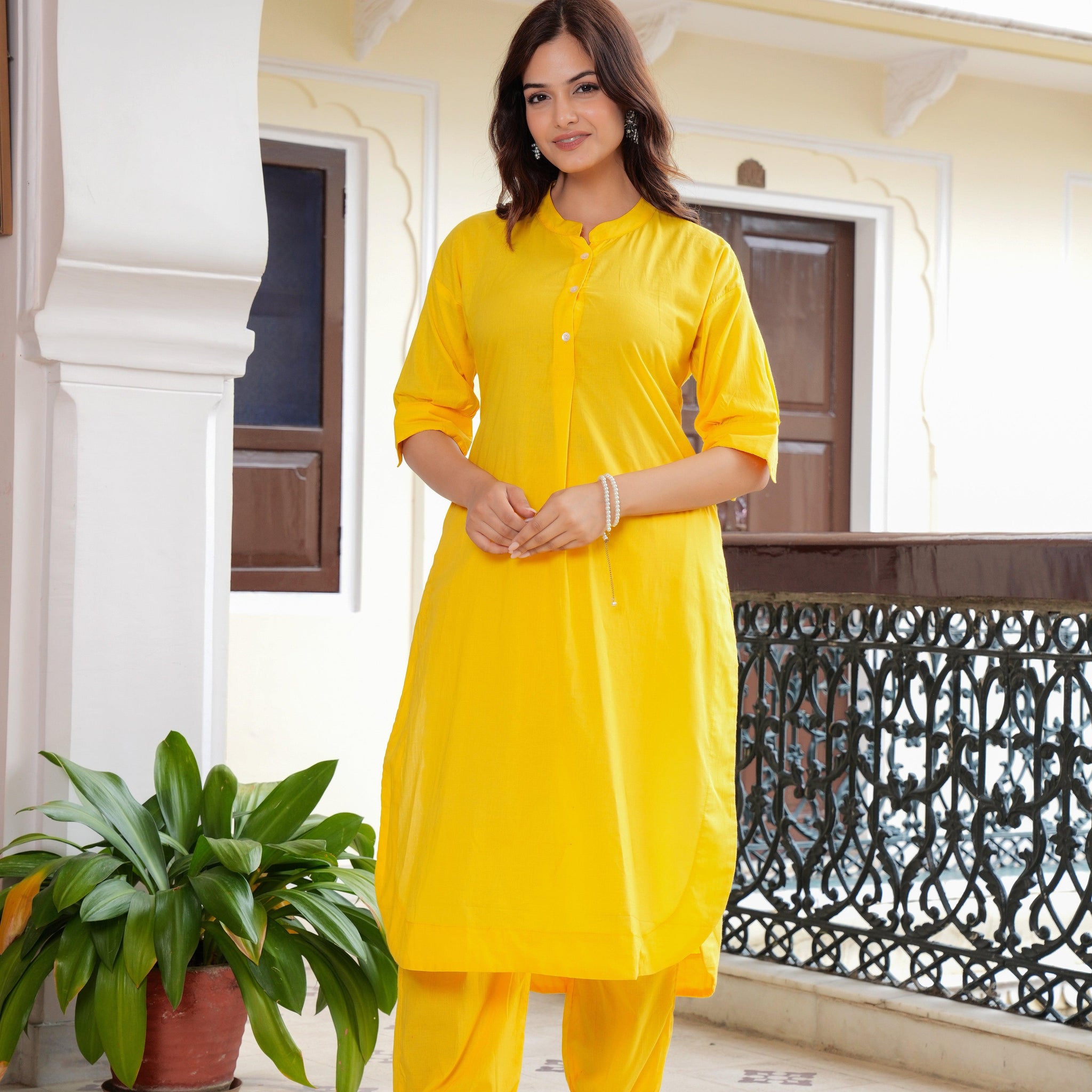 Yellow Cotton Pathani Kurta and Afghani Pant Set