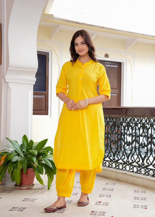 Yellow Cotton Pathani Kurta and Afghani Pant Set