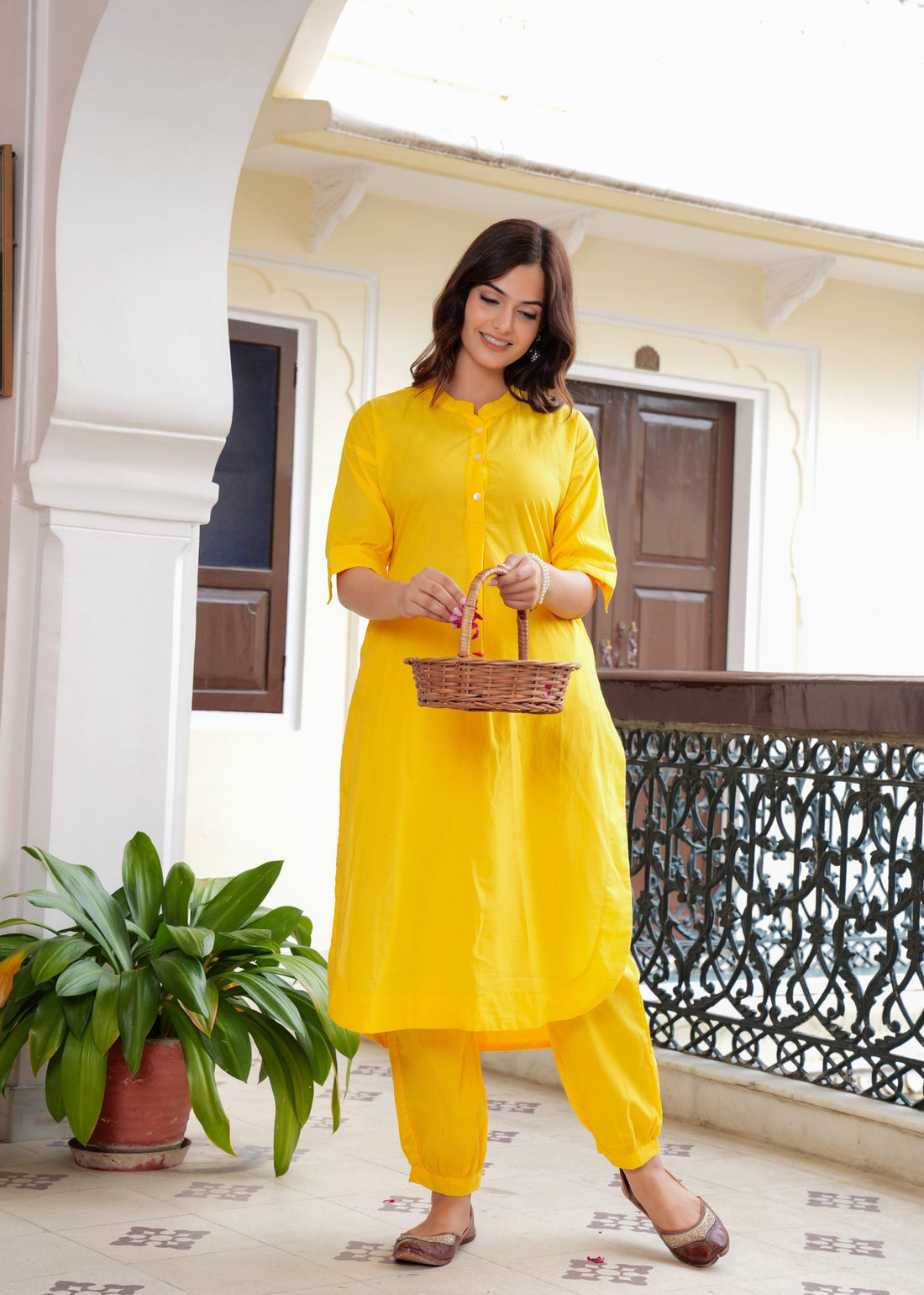 Yellow Cotton Pathani Kurta and Afghani Pant Set