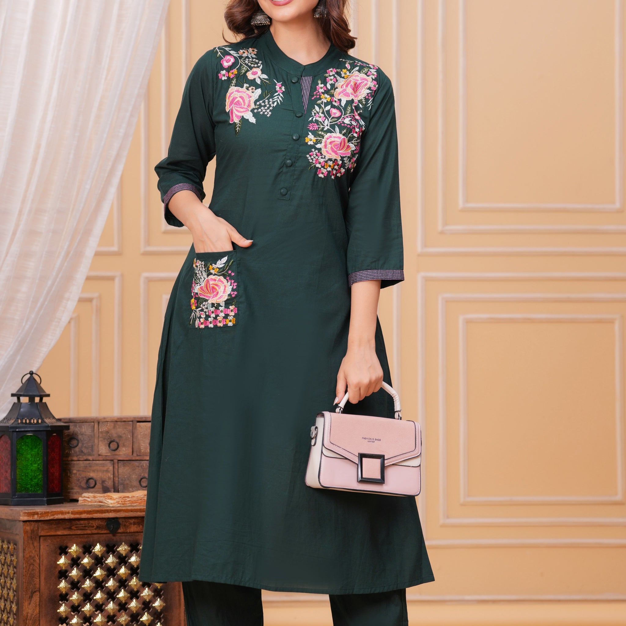 Dark Green Embroidered Cotton Kurta and Pant Set