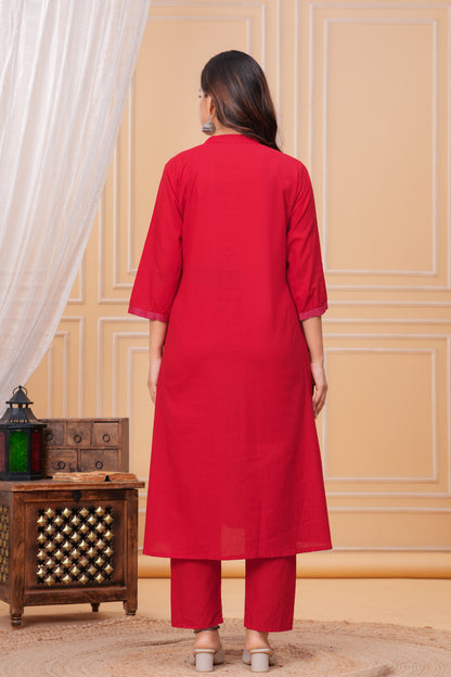 Red Embroidered Cotton Kurta and Pant Set