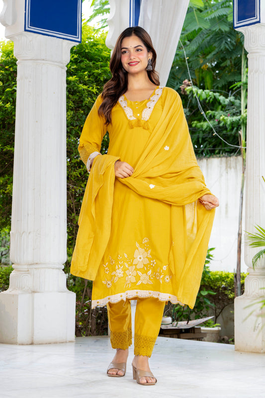 Yellow Embroidered Cotton Kurta and Pant Set with Dupatta