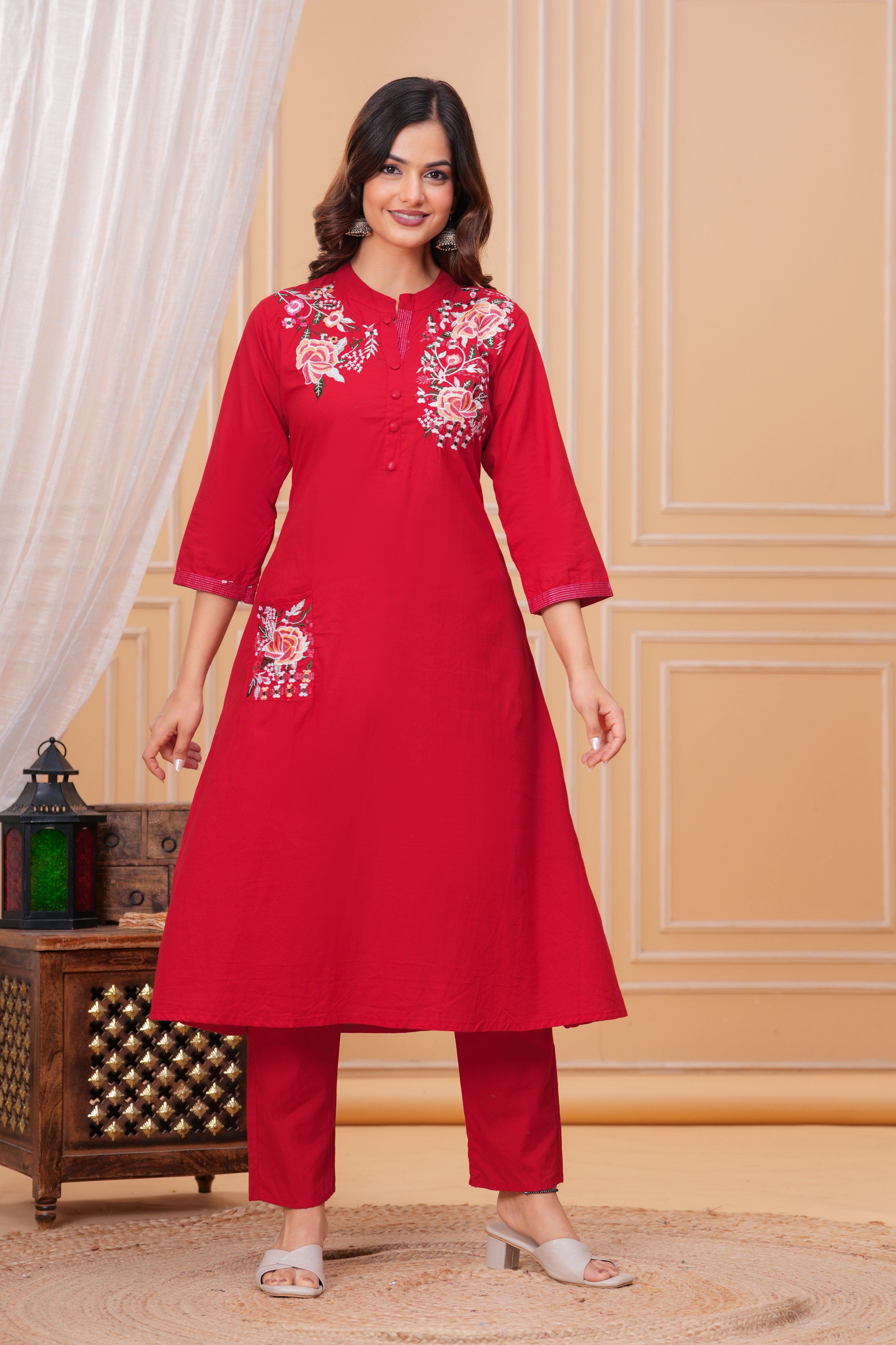 Red Embroidered Cotton Kurta and Pant Set
