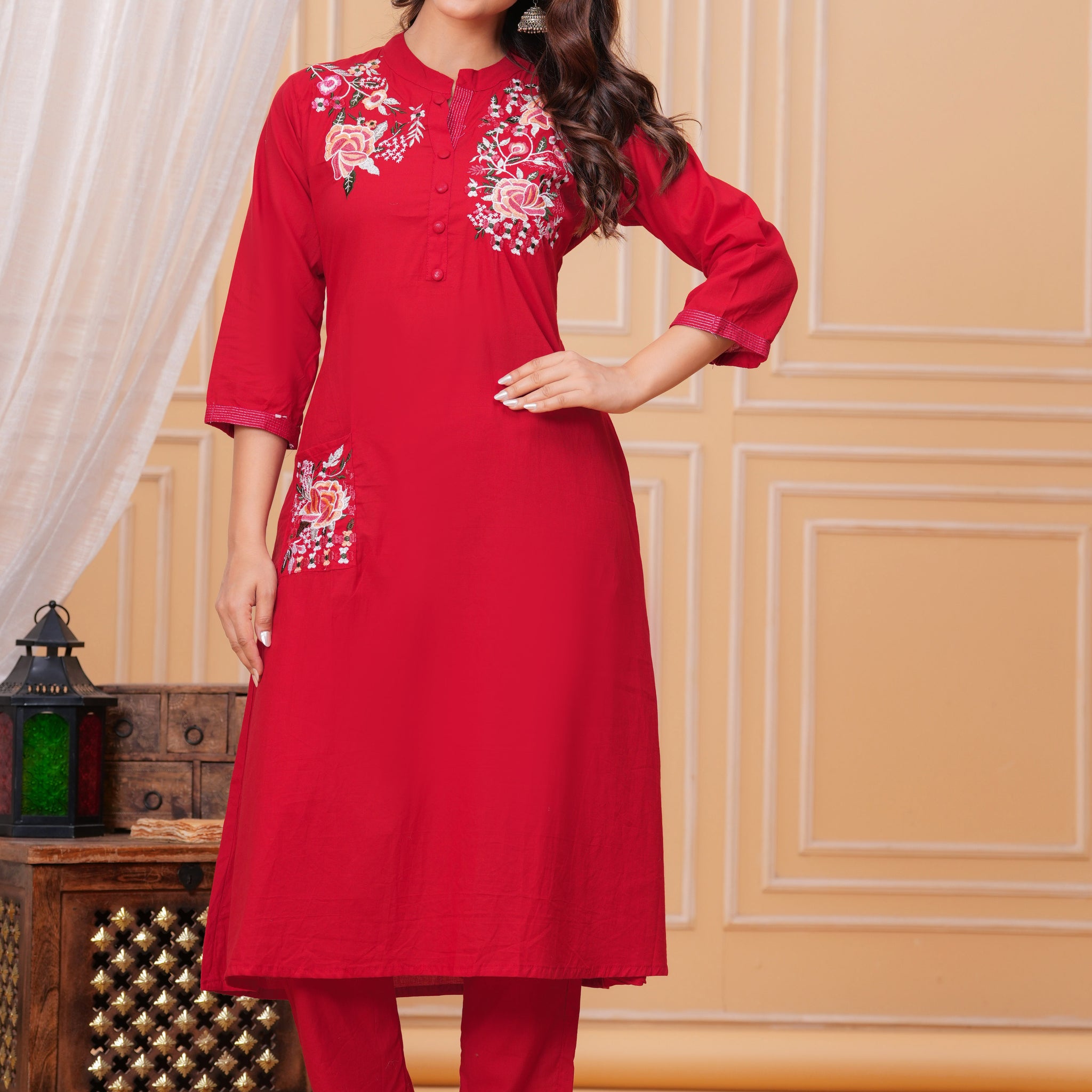 Red Embroidered Cotton Kurta and Pant Set