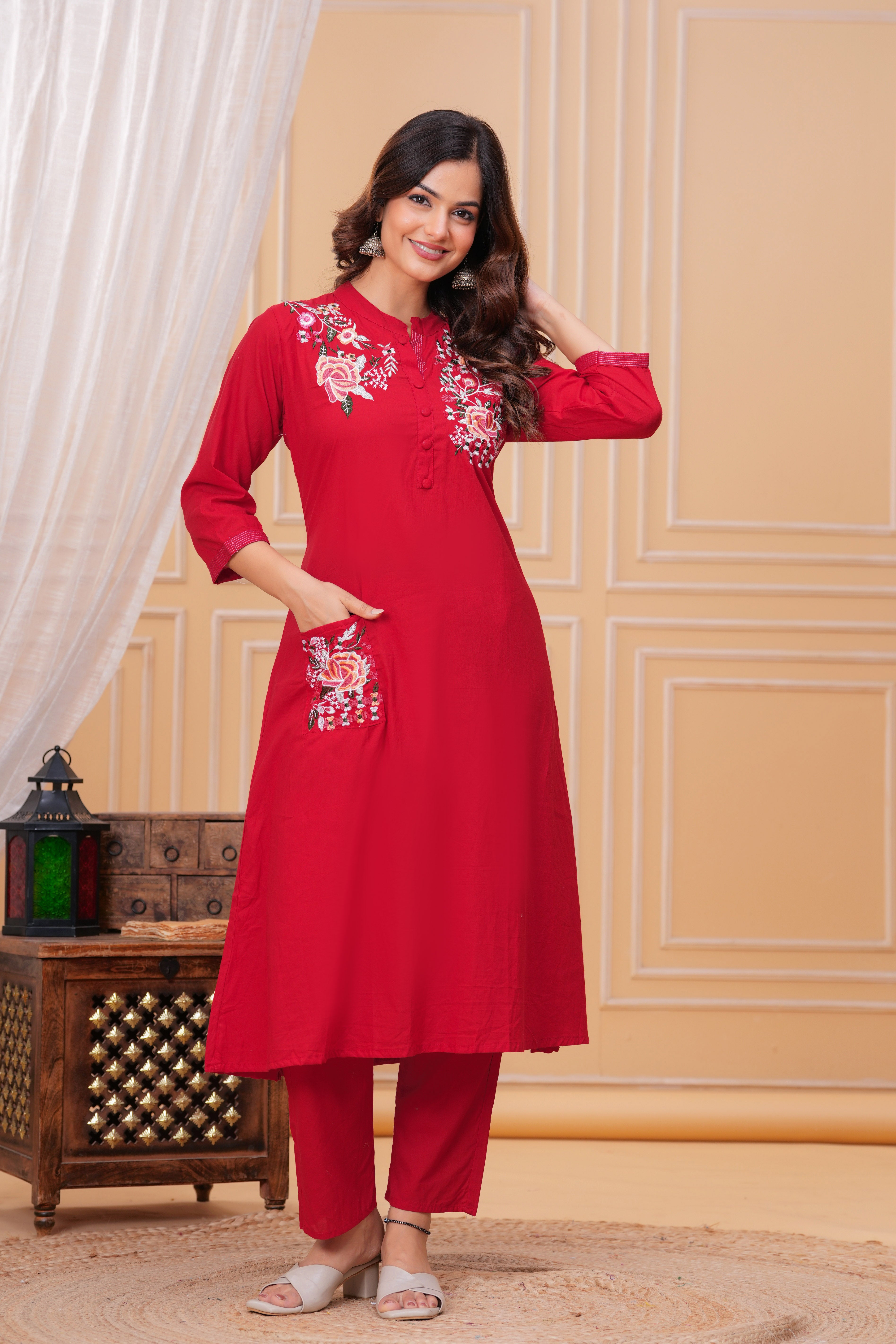 Red Embroidered Cotton Kurta and Pant Set