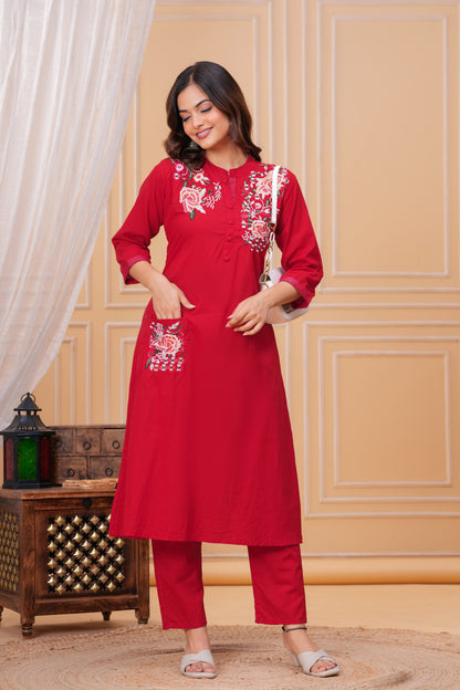 Red Embroidered Cotton Kurta and Pant Set