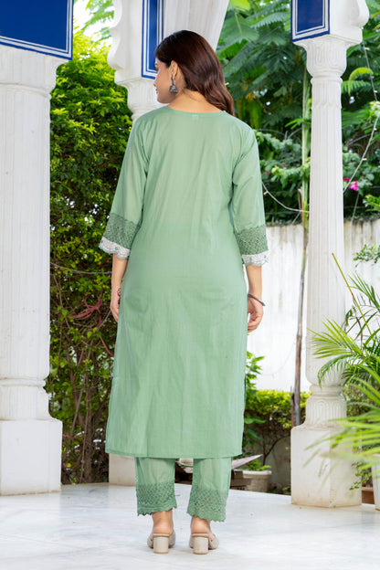 Green Embroidered Cotton Kurta and Pant Set with Dupatta