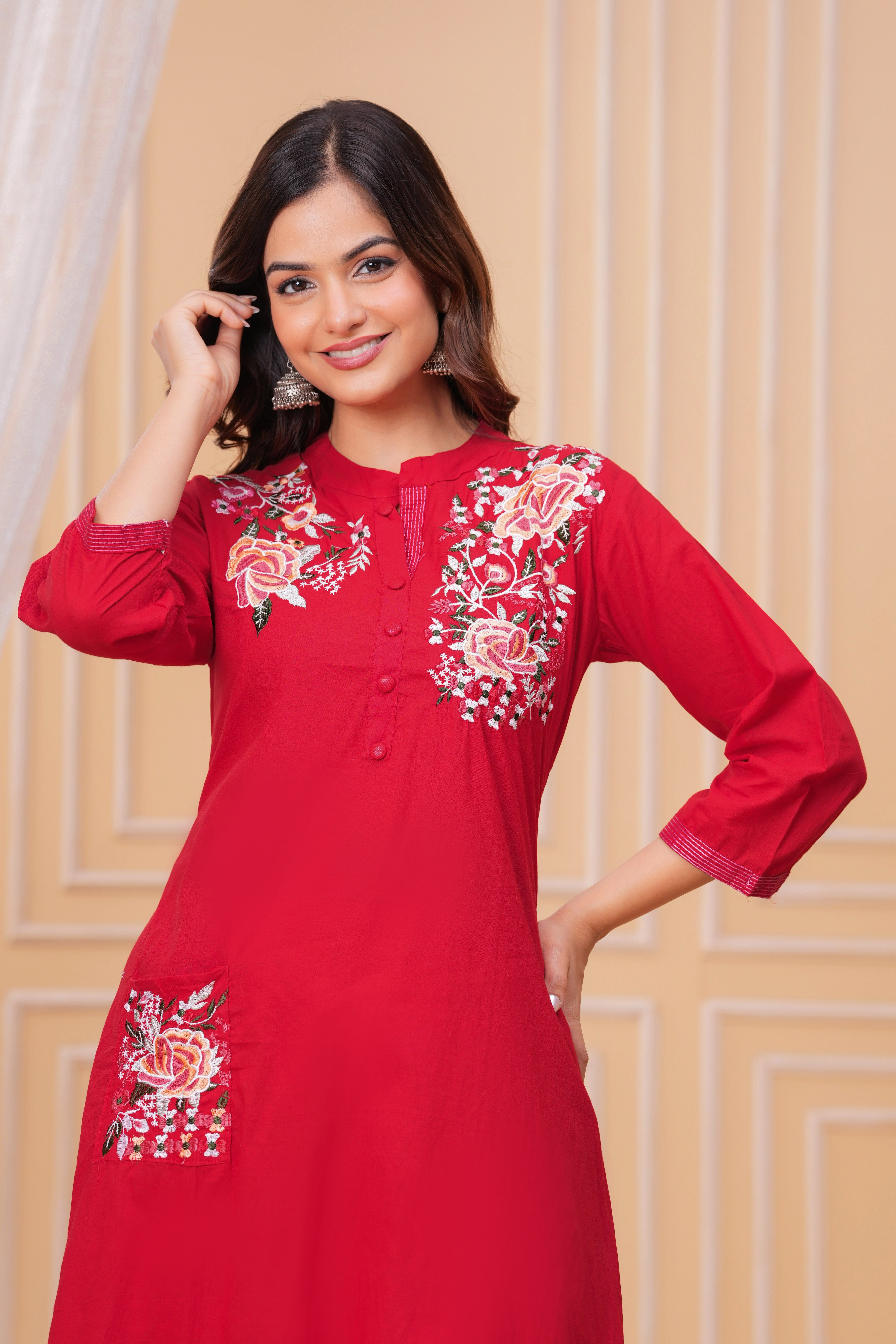 Red Embroidered Cotton Kurta and Pant Set