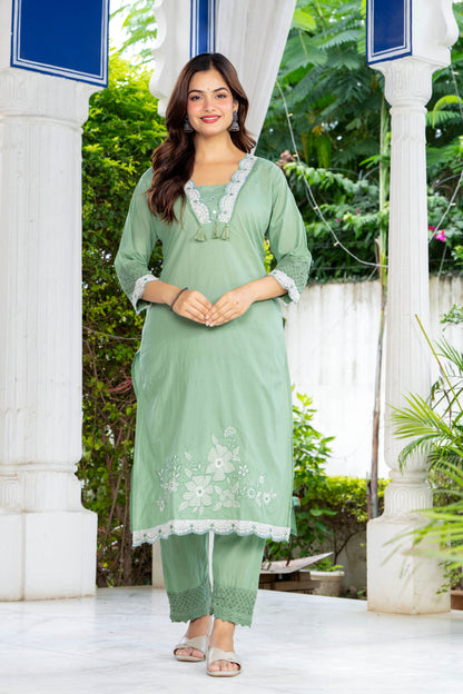 Green Embroidered Cotton Kurta and Pant Set with Dupatta