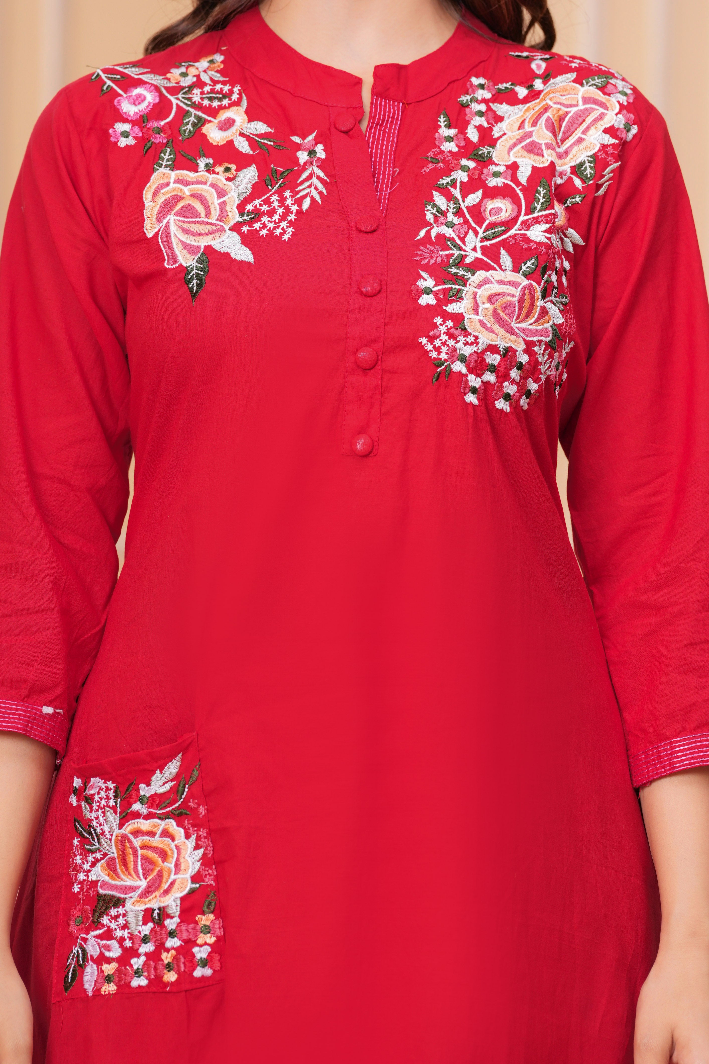 Red Embroidered Cotton Kurta and Pant Set