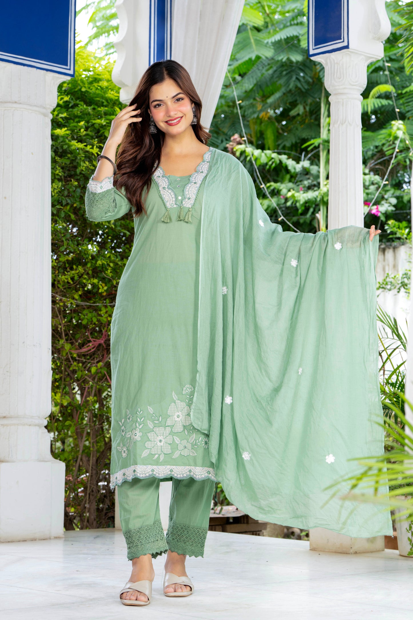 Green Embroidered Cotton Kurta and Pant Set with Dupatta