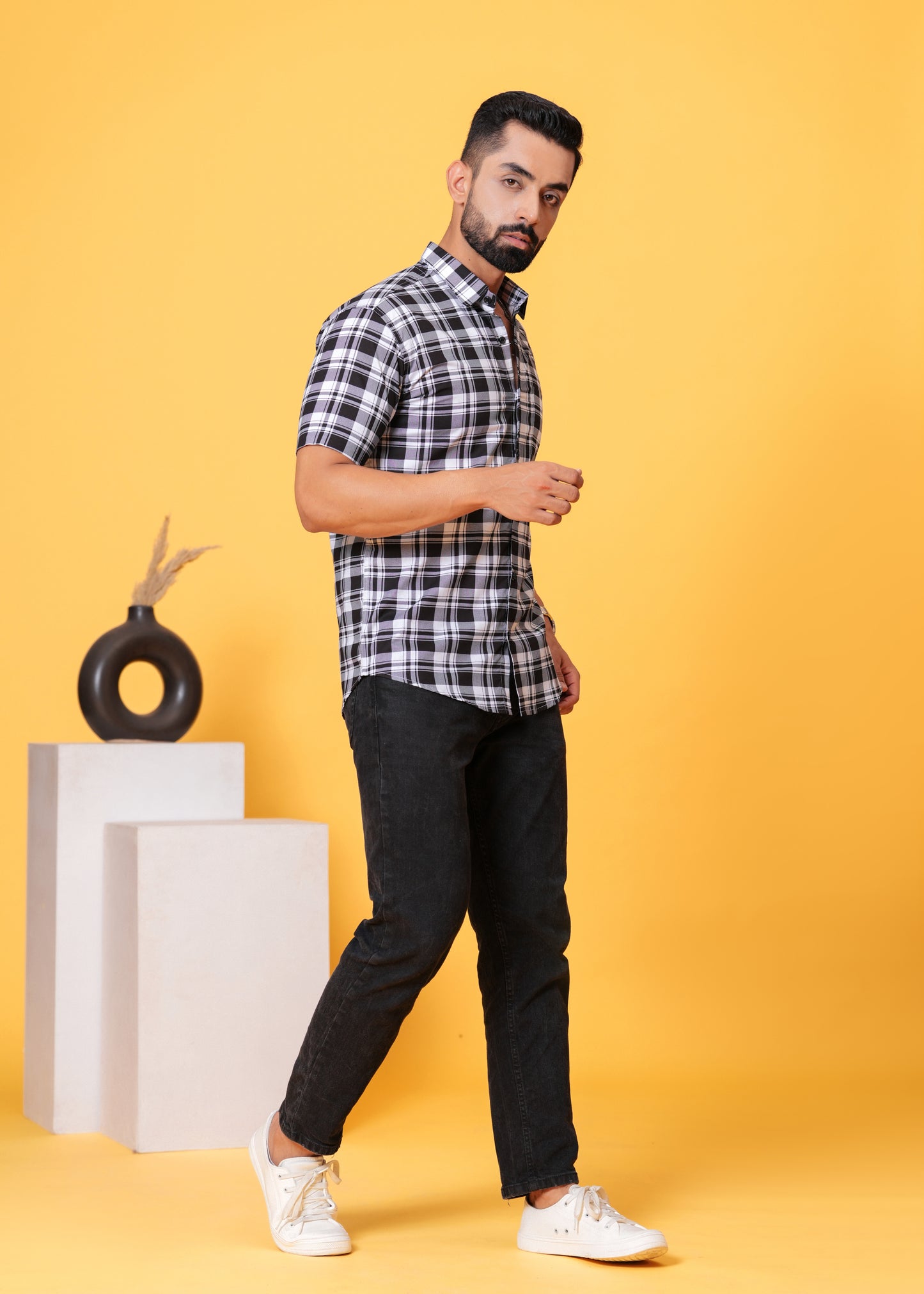 Black White Checks Cotton Shirt