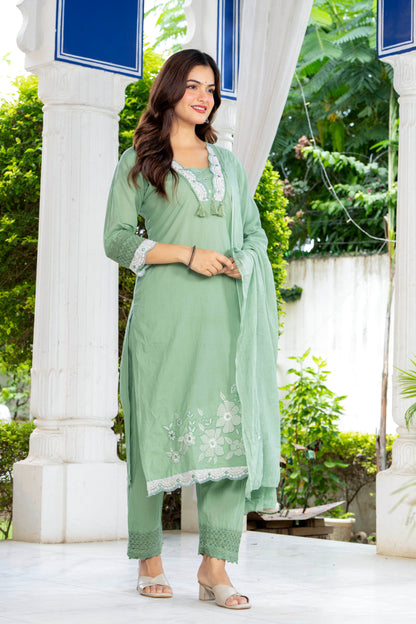 Green Embroidered Cotton Kurta and Pant Set with Dupatta