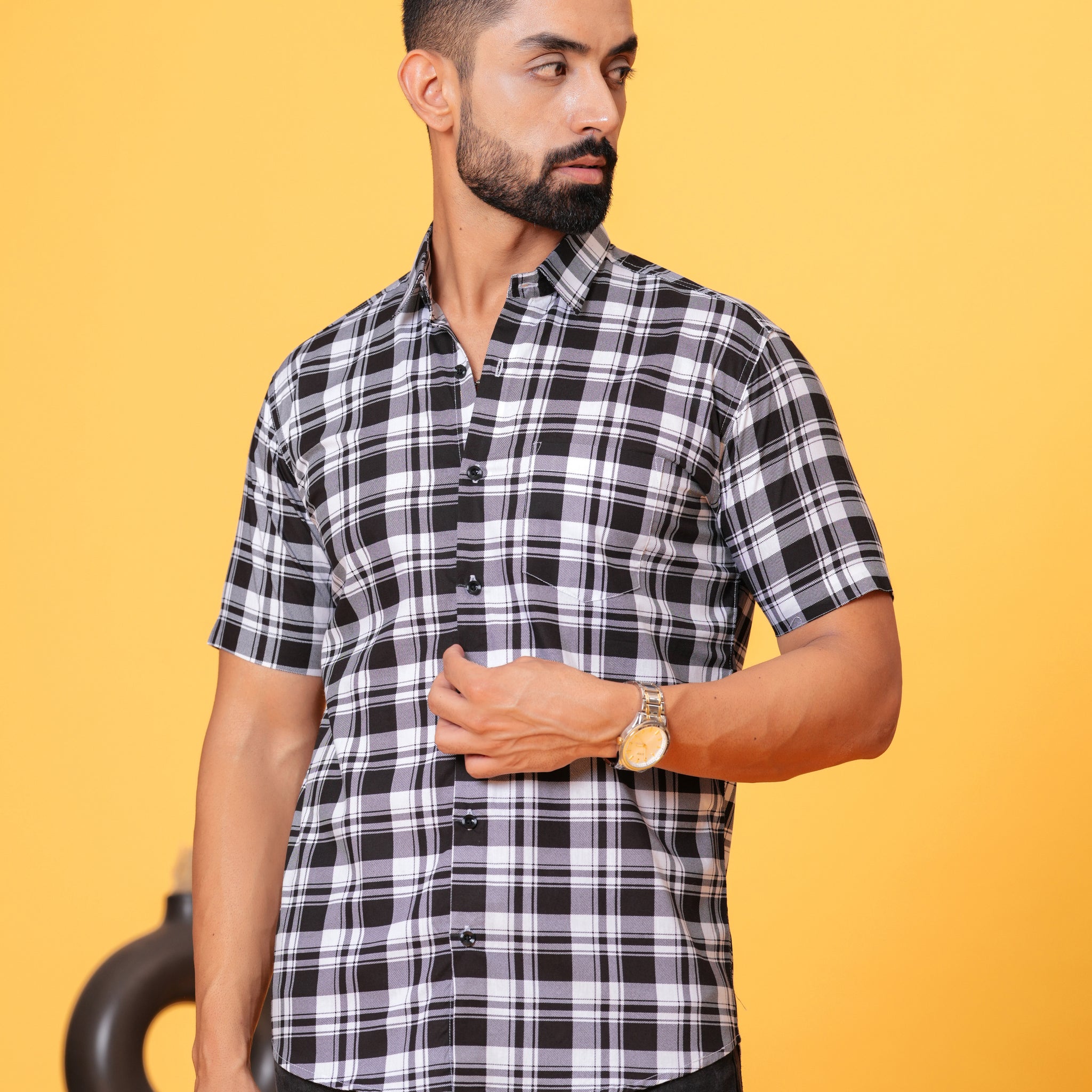 Black White Checks Cotton Shirt