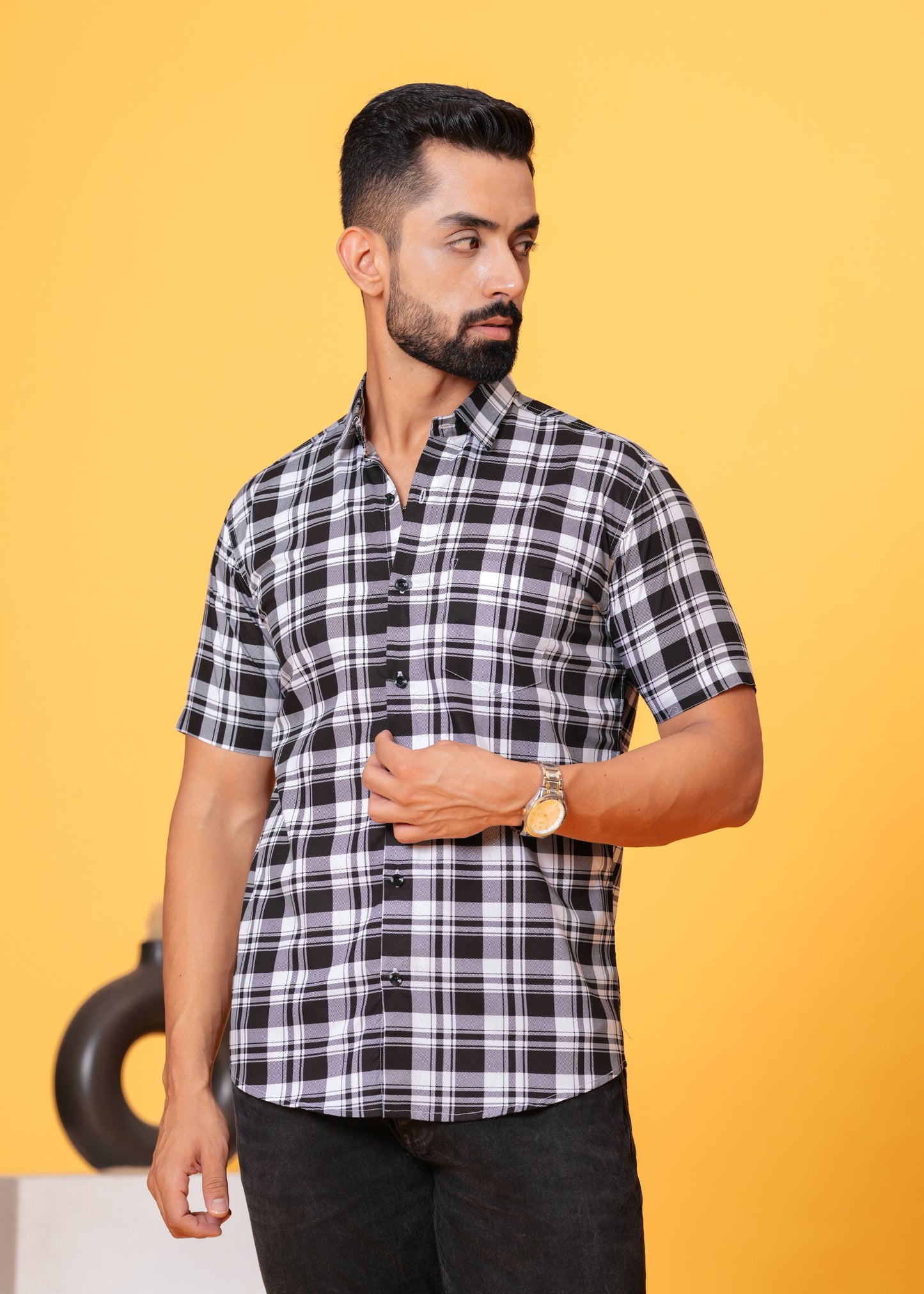 Black White Checks Cotton Shirt